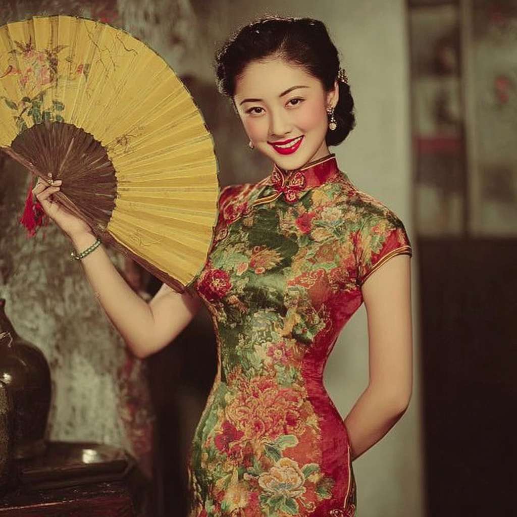 一个穿旗袍的东方美女，手拿一把扇子，对着镜头打招呼，面带微笑 --ar 1:1 --v 7 --stylize 100 --fast --no 水印