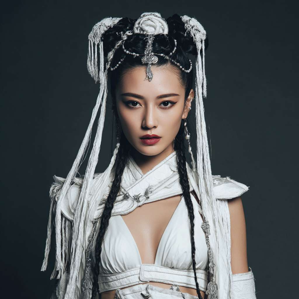 古装发髻，白色比基尼女生 --ar 1:1 --v 7 --stylize 100 --fast --no 水印