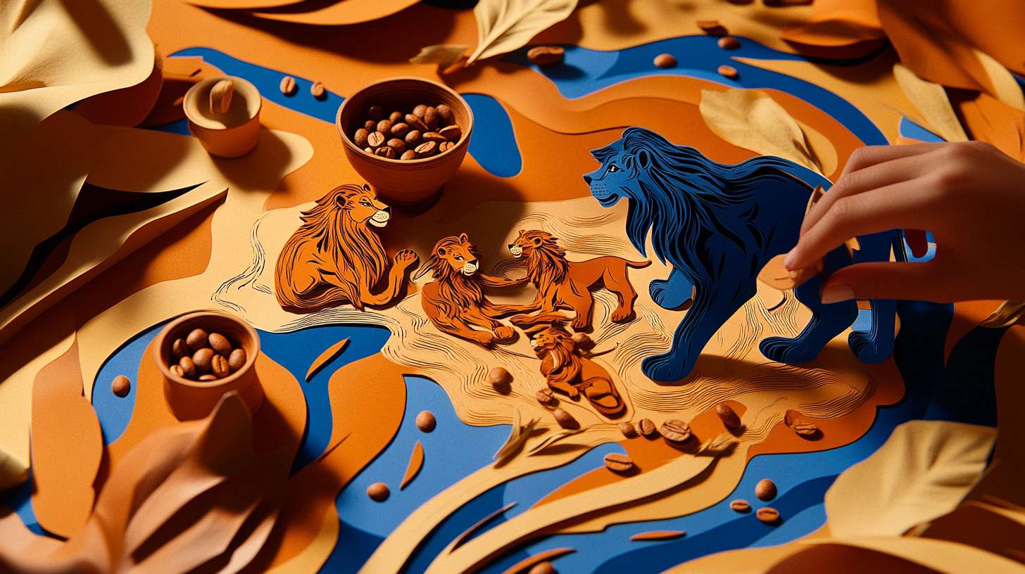 Paper cut art of lion family playing with coffee beans, vibrant Dunhuang cave colors (ocher orange, lapis lazuli blue), packaging unfolds into 3D diorama of savanna sunrise, movable parts showing tail wagging when pulled, child's hand interacting with package, warm lighting --ar 16:9 --v 6.1 --style raw --stylize 100 --fast
