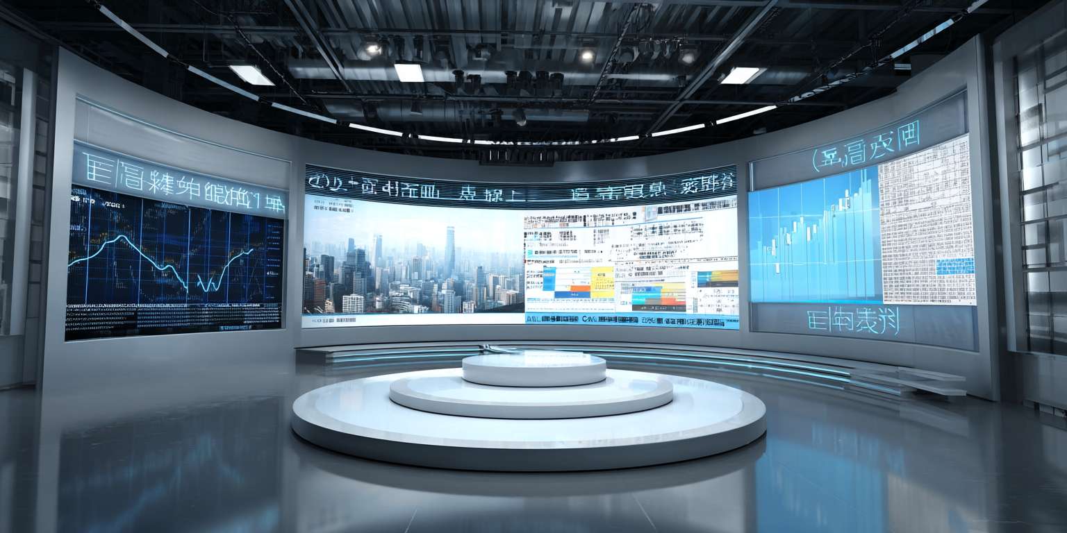 **财经新闻生成场景**：俯拍推镜缓慢聚焦新闻编辑室的核心工作台，编辑输入“2024 Q3科技行业财报核心数据解读”，屏幕实时通过文本转视频生成动态数据可视化图表。镜头切至特写，展现AI基于财报文本生成的配图，从折线图自动转化为3D柱状图。室内冷色调光线透过百叶窗形成明暗条纹，最终虚拟演播厅场景展开，虚拟主播同步播报生成内容，整体风格专业纪实。 --ar 2:1 --v 7 --stylize 100 --fast --no 水印