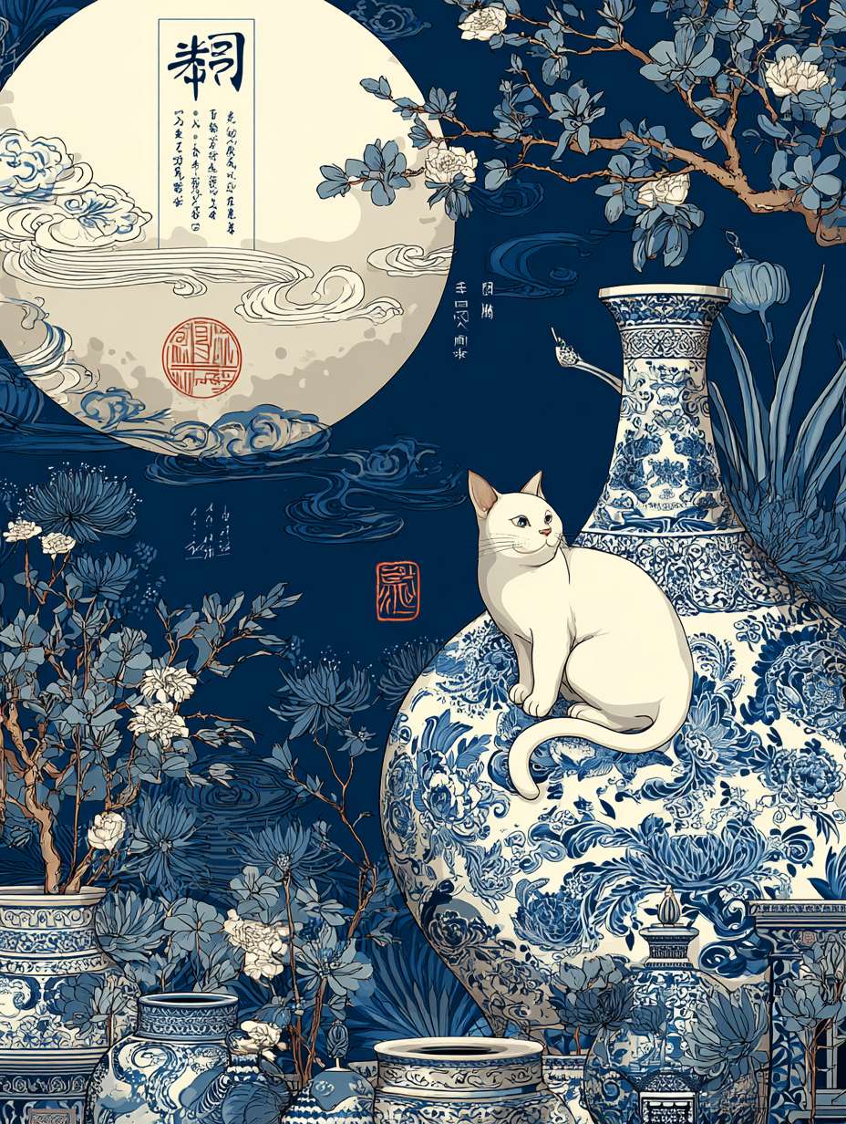 Mid-Autumn Festival Qingqing porcelain poster, a big moon and exquisite blue and white porcelain pattern with ancient Chinese architecture and traditional decorative patterns. The cover is set against the backdrop of nature, with a big moon, clouds, trees, flowers, animals or birds and other elements representing oriental culture. The dark background, simple style, a whimsical cat sits gracefully among these elements, adding charm and interest. ,Cthing art style --ar 3:4 --v 7 --stylize 100 --fast