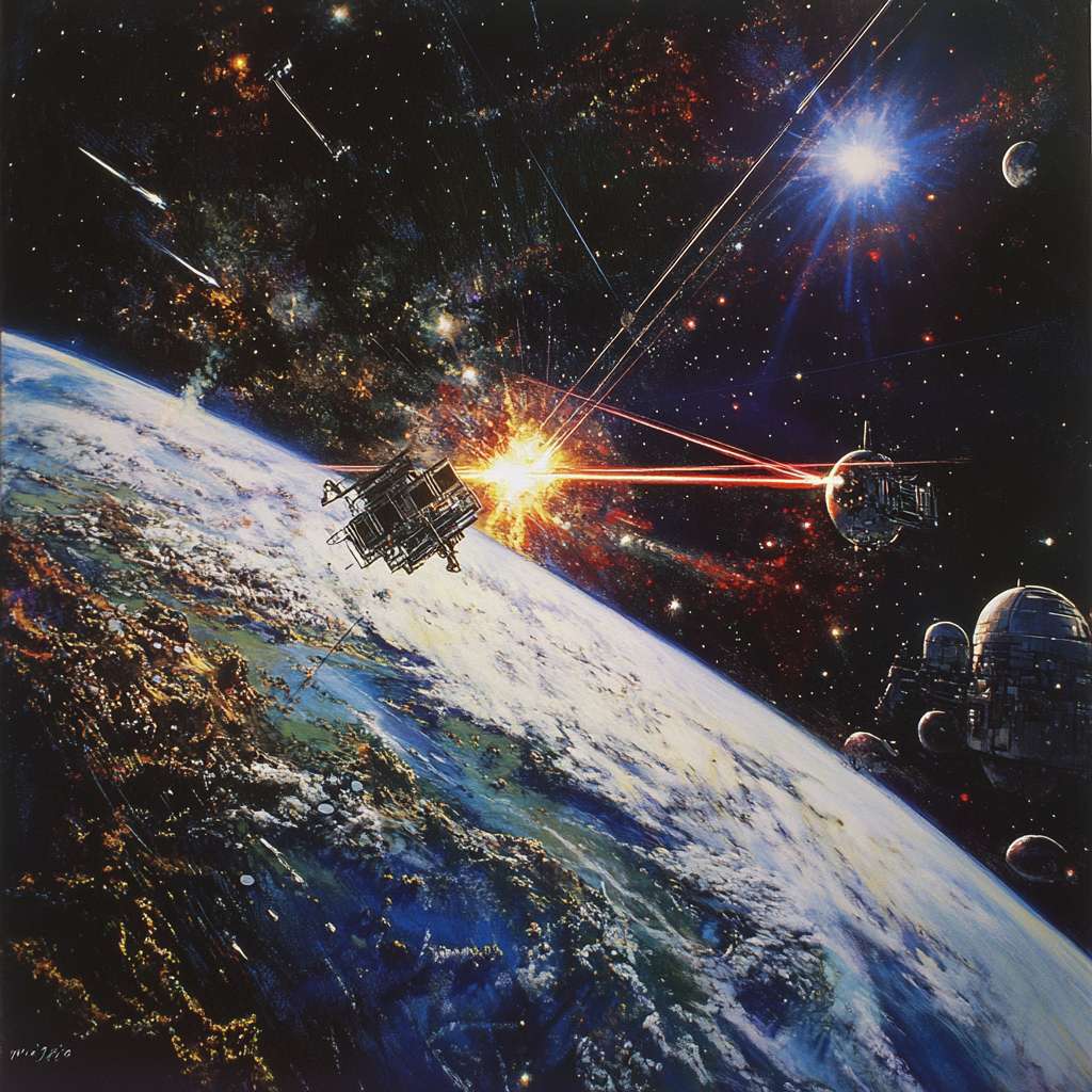 空间对抗，卫星追逐，激光战、大视角，地球，外太空 --ar 1:1 --v 6.1 --stylize 100 --fast