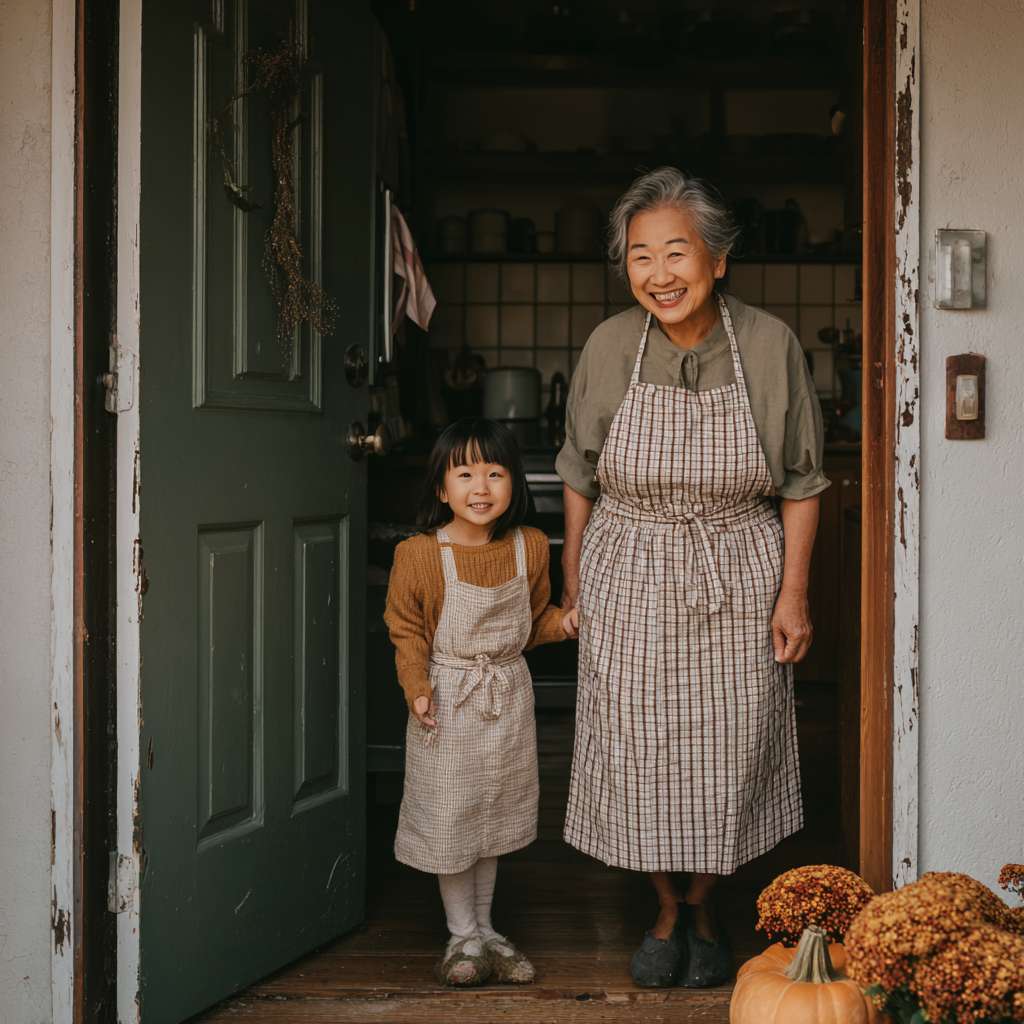 奶奶系着围裙从屋里走出，面带笑容，迎接孩子 --ar 1:1 --v 7 --stylize 100 --fast --no 水印