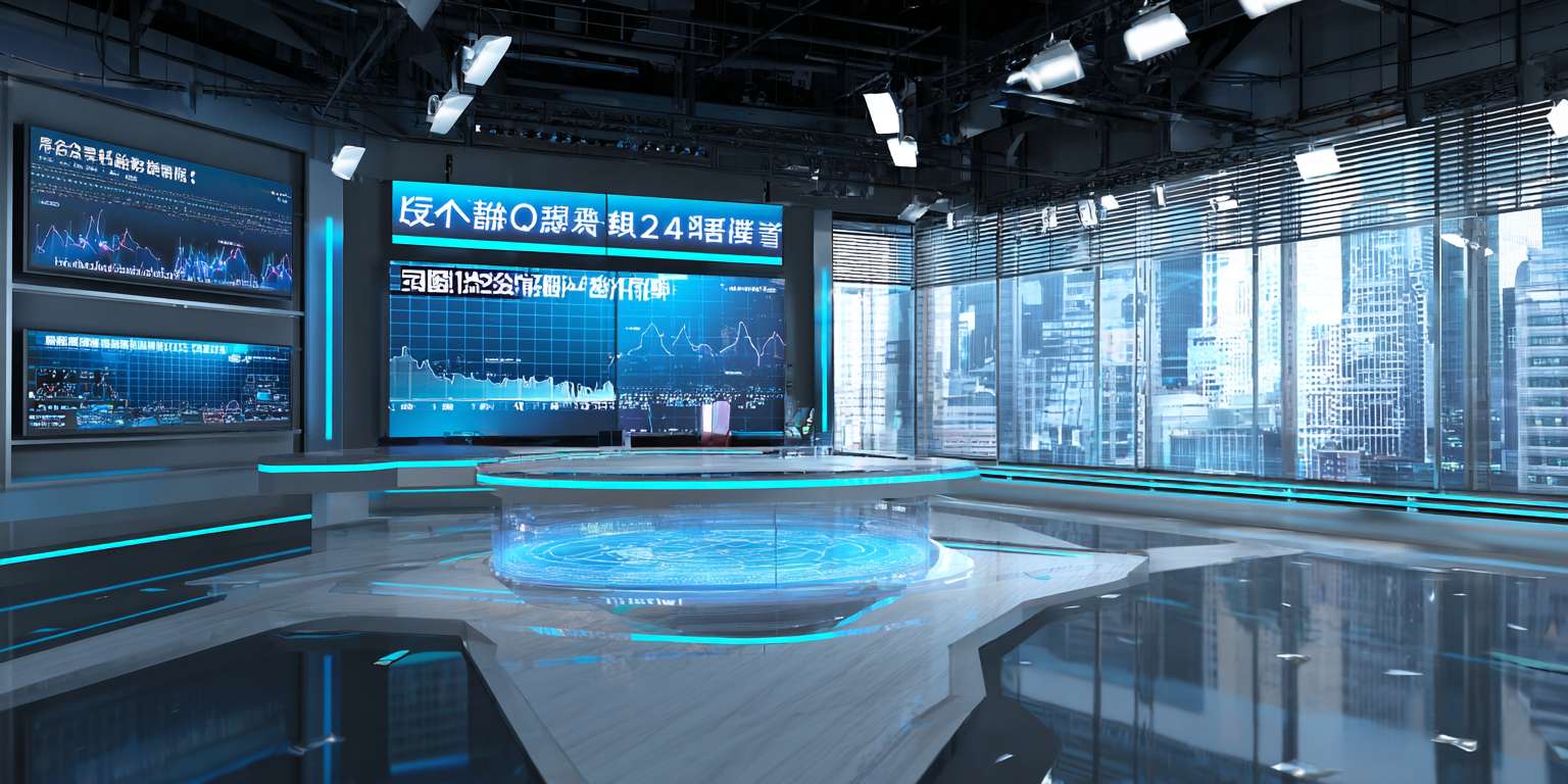 **财经新闻生成场景**：俯拍推镜缓慢聚焦新闻编辑室的核心工作台，编辑输入“2024 Q3科技行业财报核心数据解读”，屏幕实时通过文本转视频生成动态数据可视化图表。镜头切至特写，展现AI基于财报文本生成的配图，从折线图自动转化为3D柱状图。室内冷色调光线透过百叶窗形成明暗条纹，最终虚拟演播厅场景展开，虚拟主播同步播报生成内容，整体风格专业纪实。 --ar 2:1 --v 7 --stylize 100 --fast --no 水印