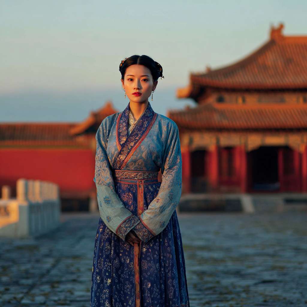 有声书封面，浣衣局宫女全身，背景是皇宫院子 --ar 1:1 --v 7 --stylize 100 --fast --no 水印