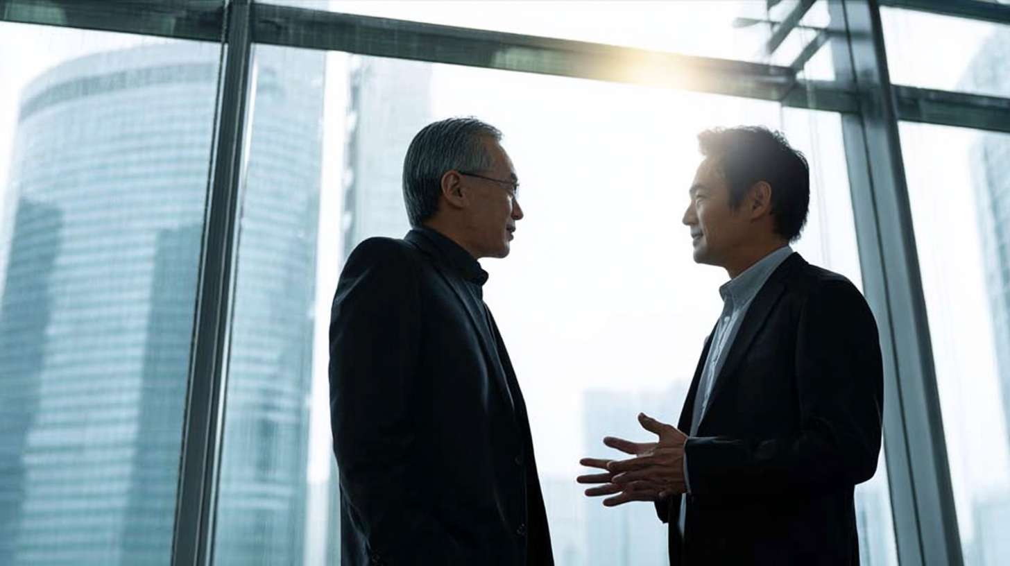 https://img-xpc-mj0.xpccdn.com/prod/upload/9be409a9-9da5-49c6-830c-6cc04d7dedef/%E6%88%AA%E5%B1%8F2025-08-01%2022.50.50.png~tplv-5yakomv5zn-auto-v1%3A1024%3A0%3Aq75.jpg 两个中年亚洲男性，一个穿着深色西装，另一个穿着黑色西装，正在一个现代办公室内进行对话，他们面对面站立，手势活跃，表情专注。背景是大型玻璃窗，透过窗户可以看到高楼大厦，阳光透过玻璃洒在他们身上，形成明亮的光影效果。画面风格为照片现实，整体氛围正式而专业。 --ar 16:9 --v 7 --stylize 100 --fast --iw 1 --no 水印