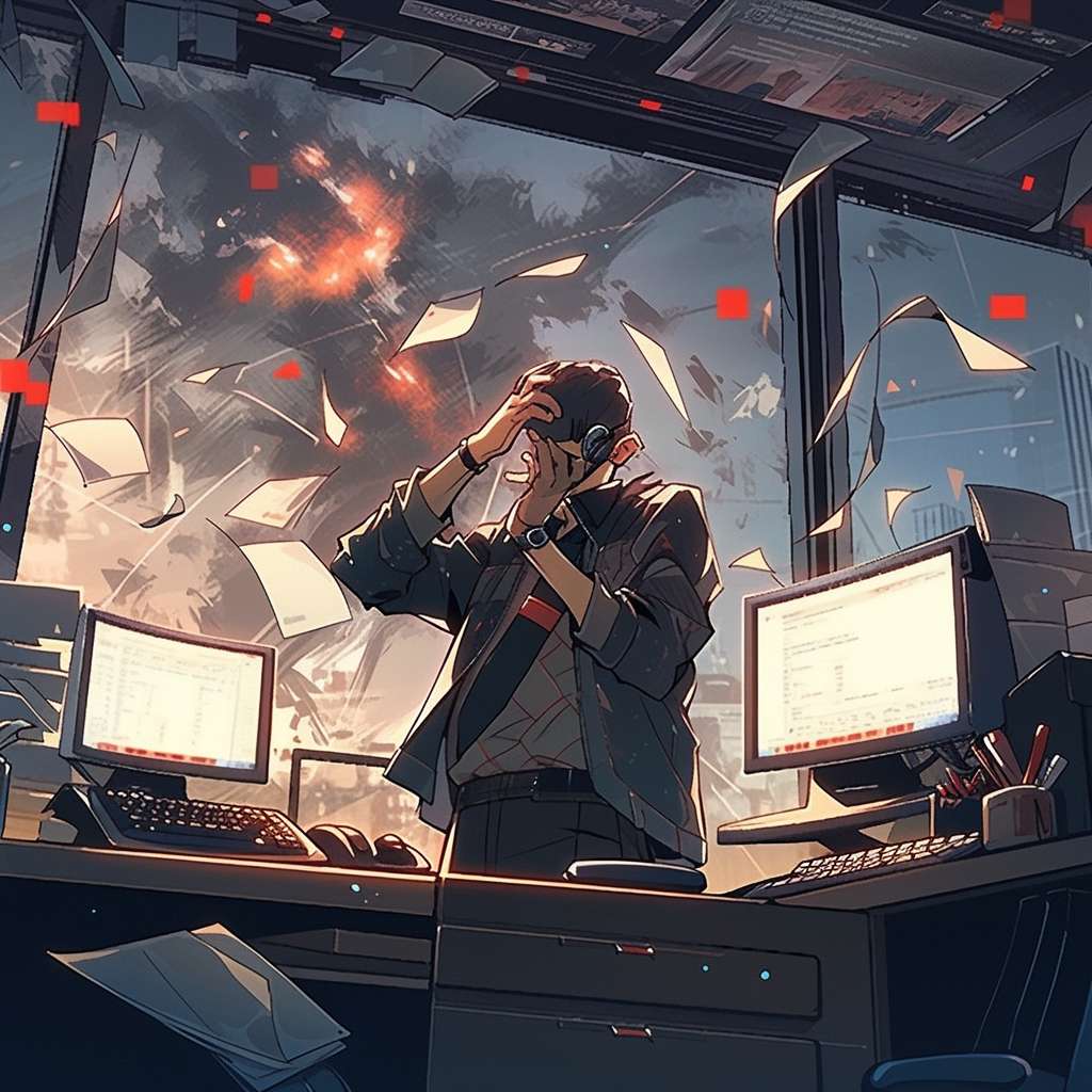 A programmer throwing documents into the air, keyboard smoking, monitor showing "System Crash" message, tie loosened, veins popping on forehead, dark background with red highlights, --ar 1:1 --style scenic --stylize 800 --fast --niji 5