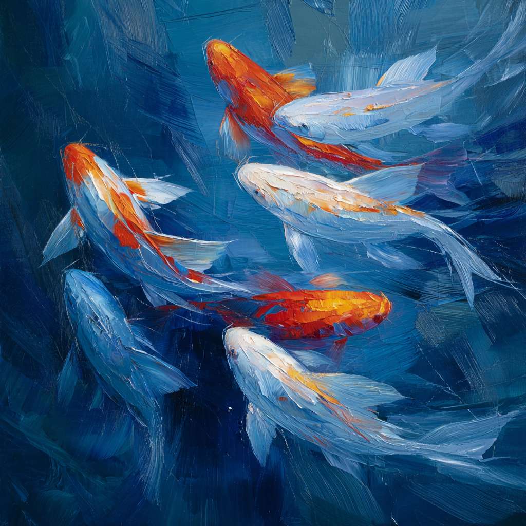 Dreamy depths in cobalt blue, iridescent light and agile koi, expressive strokes for motion, abstract. --ar 1:1 --v 7 --stylize 100 --fast
