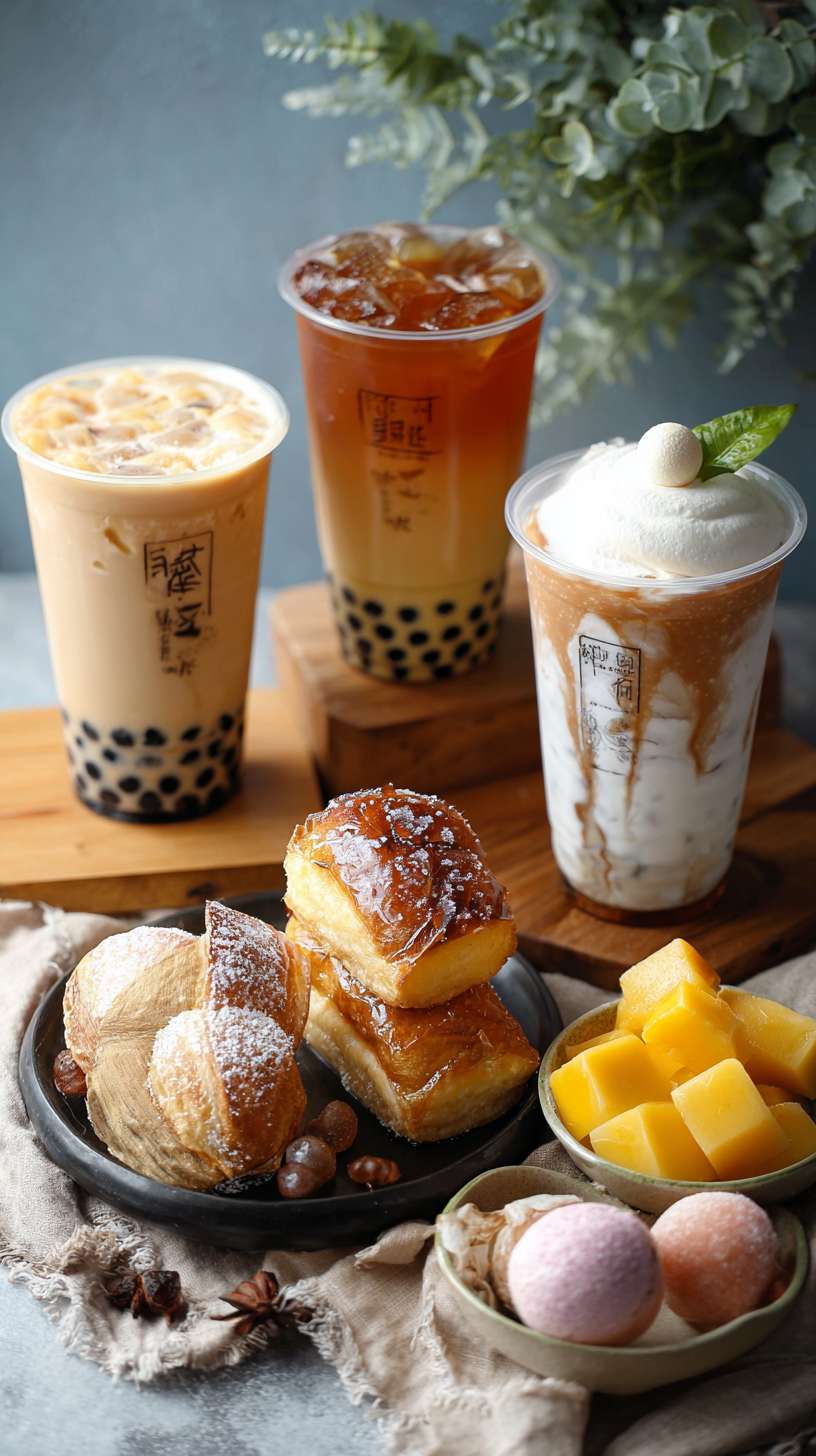 各类奶茶（原味、风味奶茶）、烘焙（奶茶味点心）、冰淇淋、糖果 --ar 9:16 --v 7 --stylize 100 --fast --no 水印