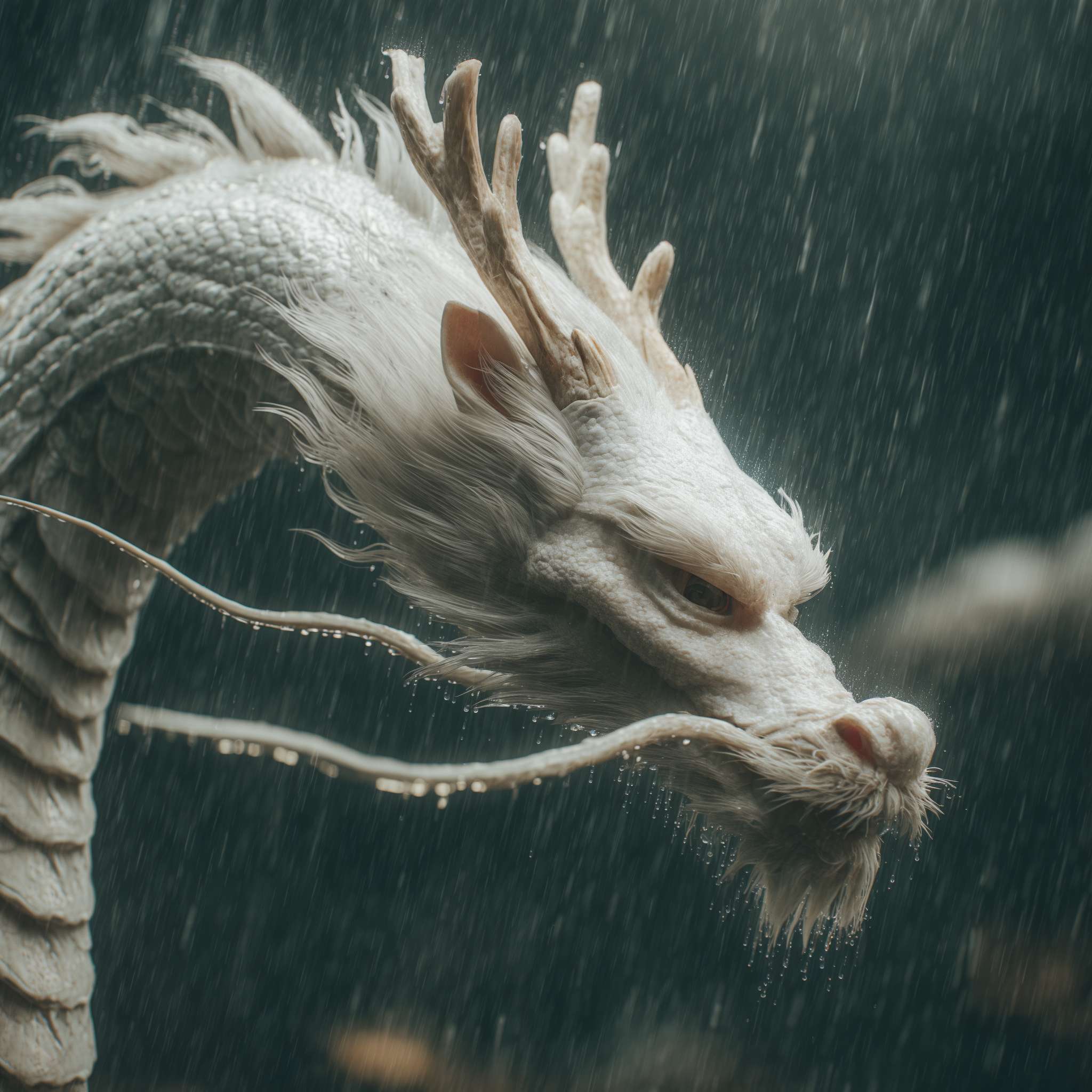 超写实 4K ，一只细节丰富的白龙在暴雨中穿行，每一片鳞片都反射着周围的光线与雨水。水珠附着在龙角与翅膀上，龙翼有力扇动，驱散雨滴与云雾。特写镜头展现龙的皮肤纹理与肌肉运动，中景镜头呈现龙在云层间穿梭的完整身姿。真实的雨水物理效果，空中可见雨滴飞溅与涟漪，光线完全遵循闪电与阴天的自然规律。 --ar 1:1 --v 7 --stylize 100 --fast --no 水印