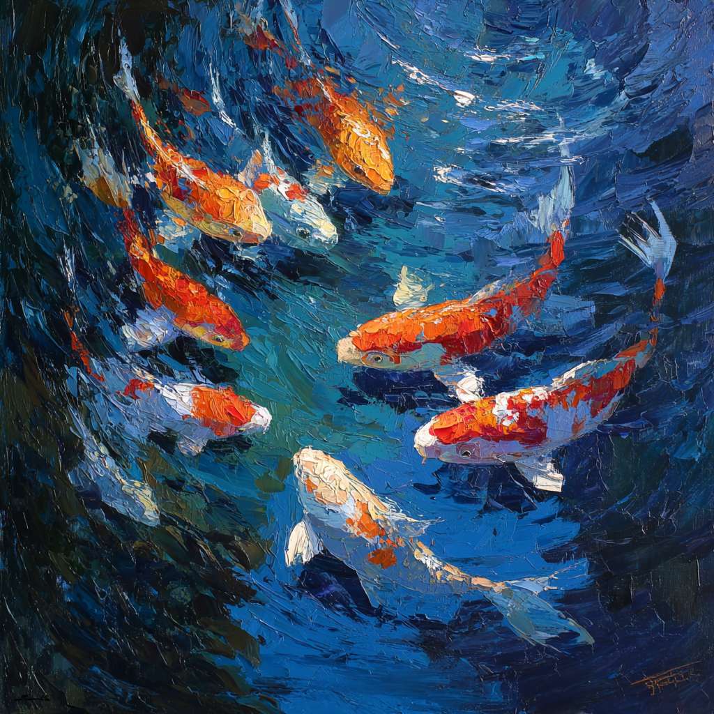 Dynamic underwater scene: deep blue water as base, 五彩光影 dancing around agile koi, thick brushwork for water texture, thin strokes for fish movement, oil. --ar 1:1 --v 7 --stylize 100 --fast --no 水印