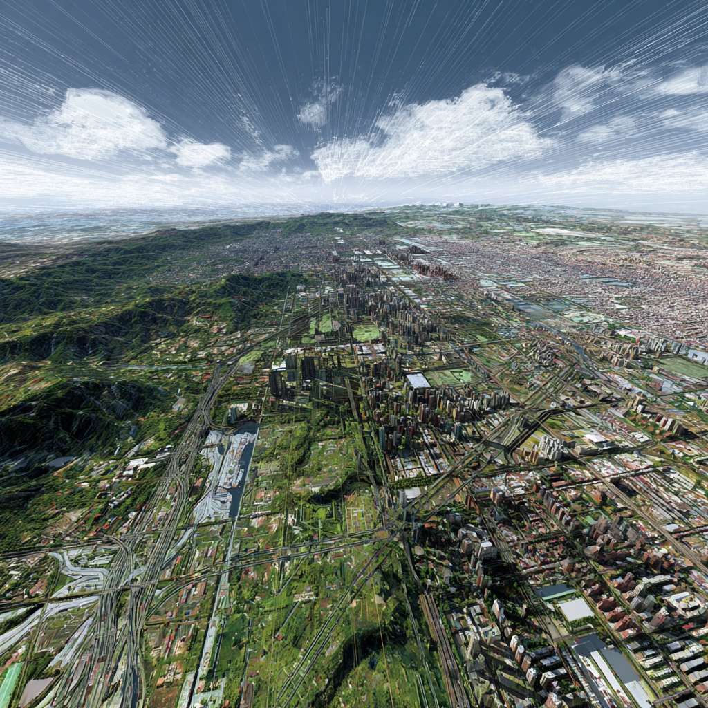 按照卫星图片的地形、道路、建筑布局，绘制一张三维效果图 --ar 1:1 --v 7 --stylize 100 --fast --no 水印
