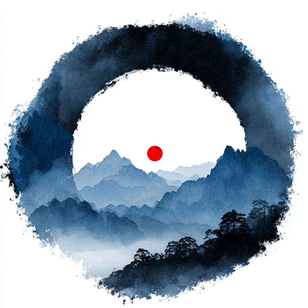 The circular logo adopts the Chinese ink wash Tai Chi symbol, with alternating shades of blue, black, and white, surrounded by a hazy silhouette of a blue mountain range. There is a red dot in the center and a pure white background, with a Zen style, simple design, no text, no watermark, high resolution, and vector graphics --ar 1:1 --v 7 --stylize 100 --fast