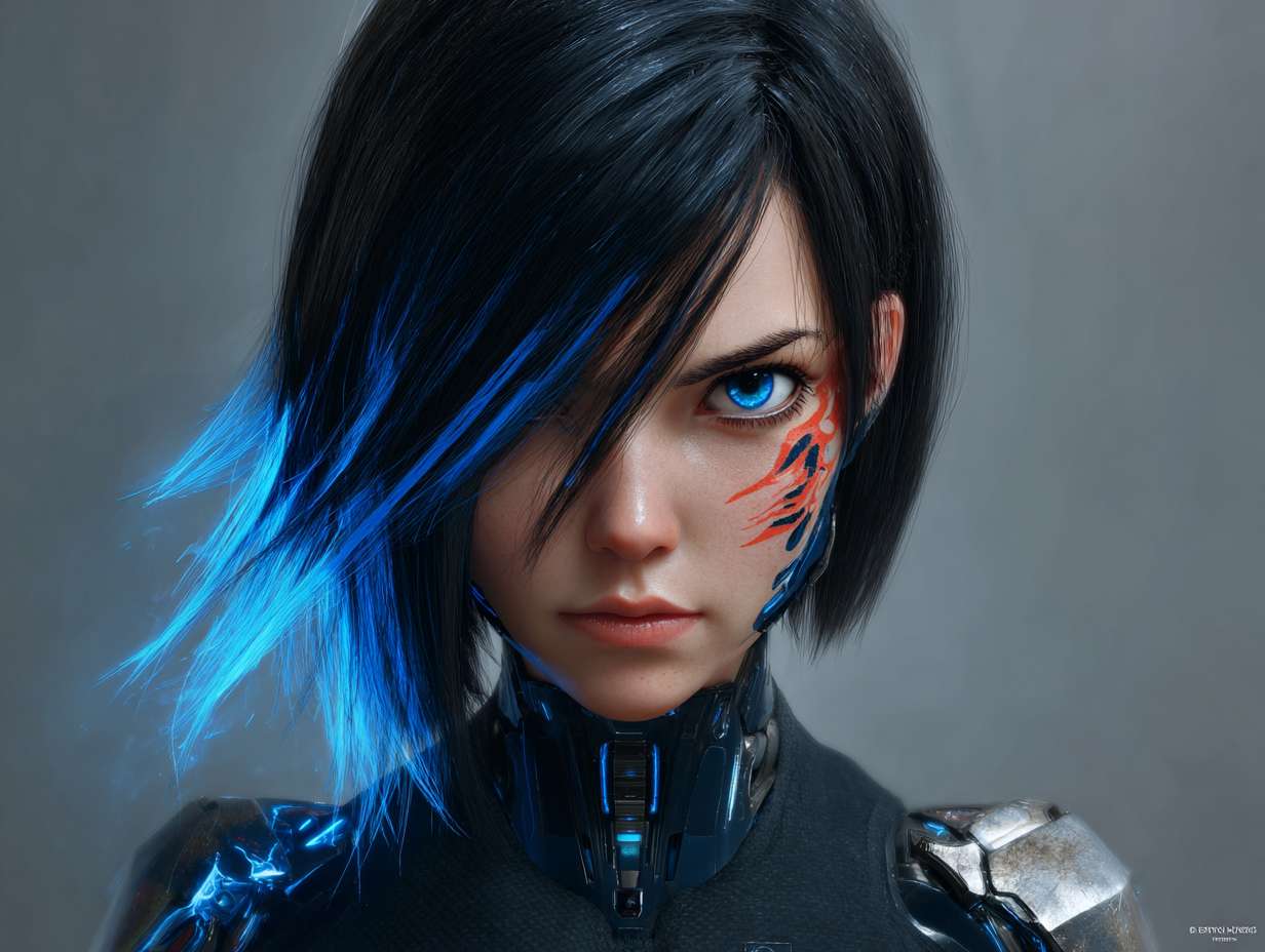 头部设计：保留哪吒标志性的 “火焰感” 发型，黑色短发中挑染三缕明亮的蓝色火焰发丝（对应觉醒后的蓝色火焰），额前发丝微微上翘，模拟火焰飘动形态。左侧太阳穴处有一道银色机械接口，平时隐藏在发丝下，战斗时会弹出蓝色能量纹路，延伸至下颌。面部妆容简洁，仅在眼尾处用红色颜料绘制细小火焰图腾（呼应父亲遗留的摩托火焰图案），眼神锐利，瞳孔在情绪激动时会泛出淡蓝色微光。
    上身设计：内搭黑色紧身速干衣，衣料上印有暗纹火焰图案（仅在强光下可见）。外覆银色分段式机械战甲，肩部装甲呈三角形，边缘有锯齿状设计（兼具防御与近战功能），装甲表面刻有红色古代符文（对应哪吒的 “混天绫” 元素，符文可释放能量束束缚敌人）。胸口是圆形能量核心，外层包裹透明合金罩，内部蓝色火焰状能量随呼吸起伏，核心下方印有 “云祥” 二字（手写体，体现自我身份认同）。双臂为可变形机械臂，平时收缩为黑色皮质护臂形态（印有赛车涂鸦），战斗时展开为银色机械结构，手掌心有凹槽，可凝聚火焰能量。
    下身设计：穿着黑色工装裤，裤腿侧边有拉链口袋（用于放置机械零件与应急工具），膝盖处装有黑色防撞护膝，护膝表面有蓝色电路纹路。腰部系着宽版黑色皮带，左侧挂着父亲遗留的摩托钥匙（金属材质，钥匙链是小型火焰吊坠），右侧挂着战术匕首（刀柄缠绕红色皮质绳，模拟混天绫质感）。脚部为黑色高帮机械战靴，靴底有防滑纹路，鞋跟处装有小型推进装置（战斗时可辅助跳跃），靴筒外侧印有蓝色火焰标识。 --ar 4:3 --v 7 --stylize 100 --fast --no 水印