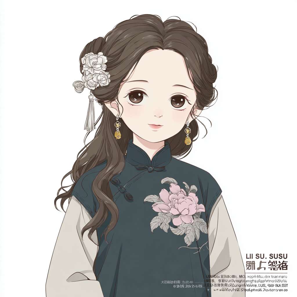 女性卡通形象：「灵动国风学伴」
外貌特征
发型：黑色中长发（长度到肩膀下 5cm），发尾微卷，左侧头发别一个「银色梅花造型发簪」（小巧精致，不占太多面积），刘海是空气刘海（现代流行发型）；
五官：圆脸蛋，杏眼（眼睫毛纤长，眼神温柔），粉色瞳孔，嘴角上扬（带点俏皮），鼻尖有一颗小小的痣（增加辨识度）；
身材：娇小匀称，穿偏柔美但不拖沓的服饰（符合少女感）。
服饰：传统元素 + 现代剪裁
上衣：改良款「旗袍式连衣裙」，长度到膝盖（方便活动），主体颜色为黛青 + 米白渐变，裙摆处有浅粉色「牡丹纹」印花（简化版，不密集），领口是现代圆领（替代传统立领，更舒适），袖口是灯笼袖（微宽松，带白色蕾丝边，增加少女感）；
外搭：一件短款白色针织开衫（衣摆处有红色「盘扣」两颗，对称设计）；
鞋子：浅粉色玛丽珍鞋（鞋头有一个小蝴蝶结，鞋跟处印着黑色「祥云纹」）。
配饰：中国符号 + 学习道具
手部：右手持一个「国风帆布包」（包身是米白色，印着英文短句 “Let’s talk!”，字体为手写体，周围绕着水墨小桃花图案），包带是红色粗绳；左手举着一张「英语单词卡」（卡片边缘是波浪形，底色为浅粉色，上面画着一个卡通苹果，旁边写 “apple - 苹果”）；
其他：耳朵戴一对「银色小灯笼耳环」（迷你尺寸，不晃荡），手指戴一枚浅粉色「玉髓戒指」（造型是小莲花，简单素雅）。2D --ar 1:1 --v 7 --stylize 100 --fast --no 水印