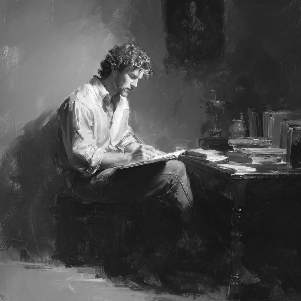 坐在书桌前，用电脑的图片 --ar 1:1 --v 7 --stylize 100 --fast --no 水印