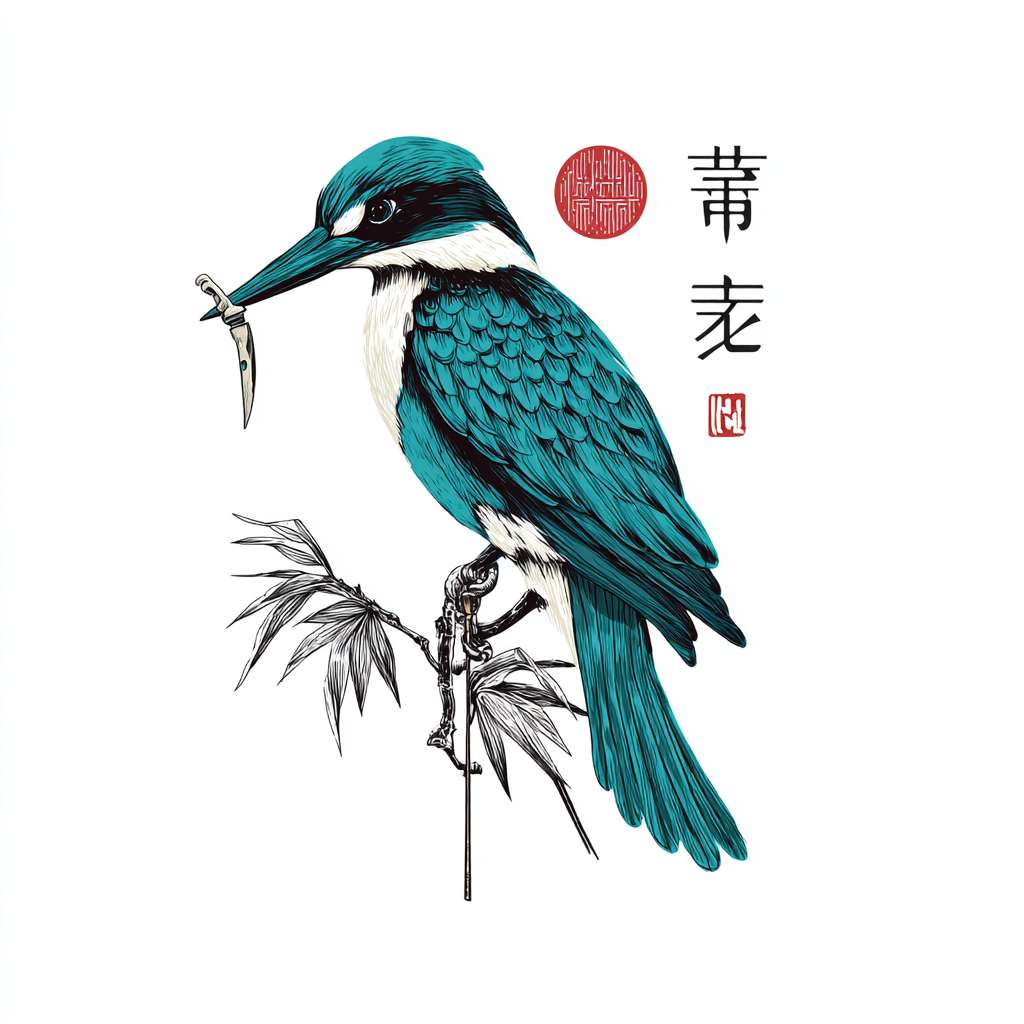 一个优雅的中国雕刻品牌logo，一只蓝绿色的鸟衔着刻刀，线稿，极简，水墨风格，白底 --ar 1:1 --v 7 --stylize 100 --fast --no 水印