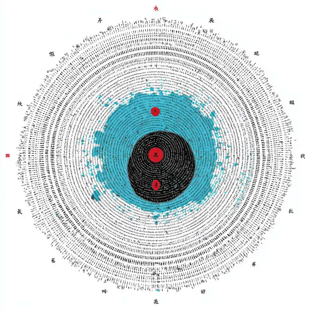 "Circular logo, ink-wash Tai Chi symbol in cyan and black, surrounded by tiny dotted lines resembling ancient book binding threads, red dot in center, white background, Chinese Zen style, minimalistic, no text, high resolution" --ar 1:1 --v 7 --stylize 100 --fast