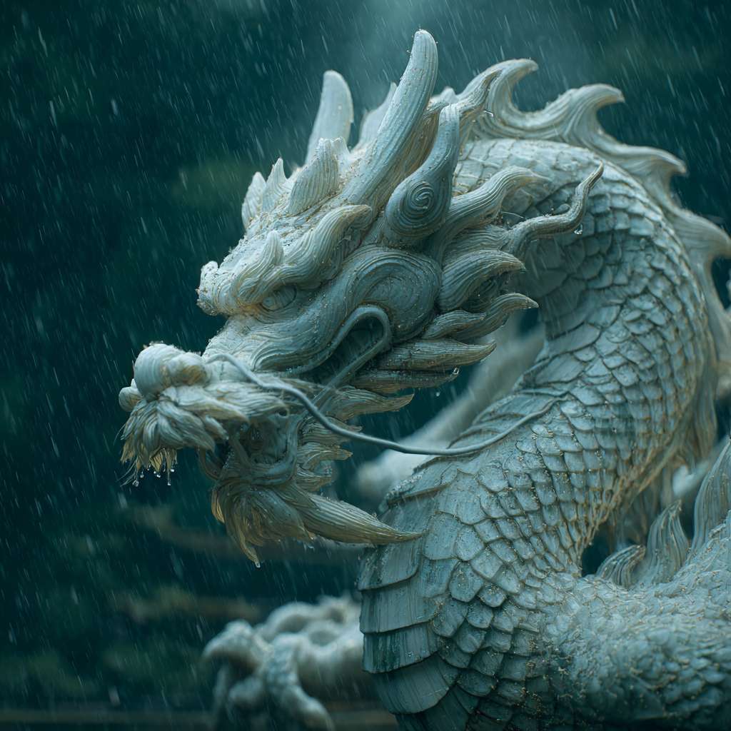 超写实 4K ，完整的一只细节丰富的白龙在暴雨中穿行，每一片鳞片都反射着周围的光线与雨水。水珠附着在龙角与翅膀上，龙翼有力扇动，驱散雨滴与云雾。特写镜头展现龙的皮肤纹理与肌肉运动，中景镜头呈现龙在云层间穿梭的完整身姿。真实的雨水物理效果，空中可见雨滴飞溅与涟漪，光线完全遵循闪电与阴天的自然规律。 --ar 1:1 --v 7 --stylize 100 --fast --no 水印