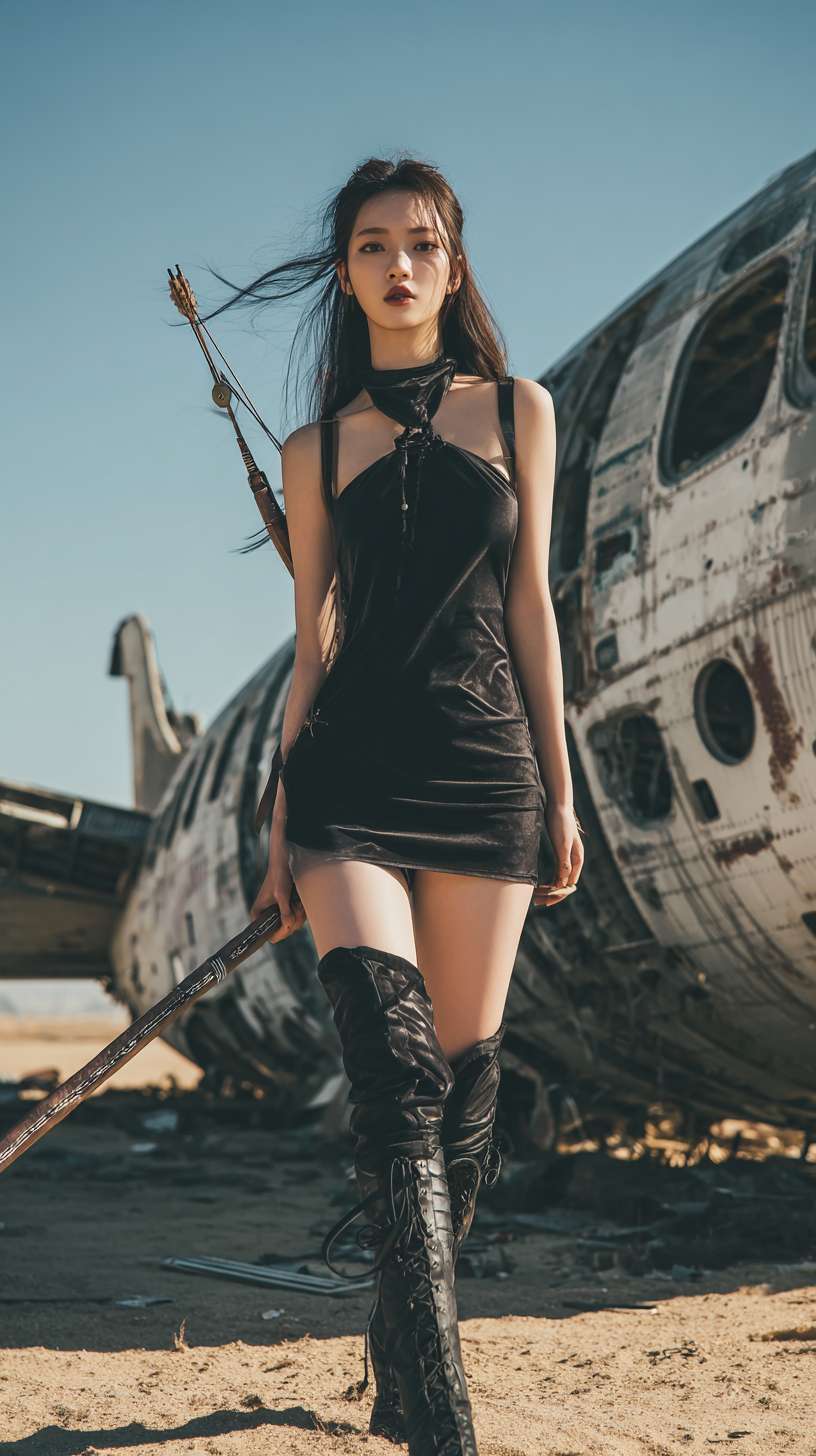 亚洲美少女身穿无袖连体紧身皮装，长靴，长发飘扬，深情紧张，手持长剑，背着弓箭，在沙漠里，背景是坠机废墟，天空烈日刺眼。 --ar 9:16 --v 7 --stylize 100 --fast --no 水印