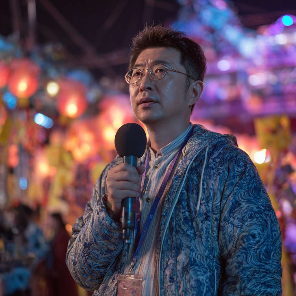 一个节目组导演拿着麦克风很认真地在指导现场，背景是一个夜晚的舞台 --ar 1:1 --v 7 --stylize 100 --fast --no 水印,水印