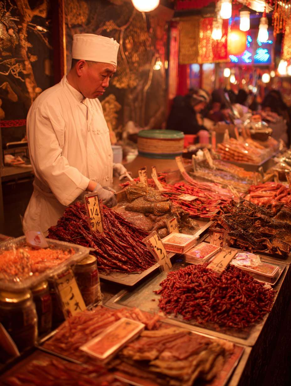 宋代高级食材市场场景，珍贵食材如鲍鱼、海参、燕窝等，厨师与供应商讨价还价，精致的宋代秤具和货币，市场繁华背景，暖金色调 --ar 3:4 --v 7 --stylize 100 --fast --no 水印