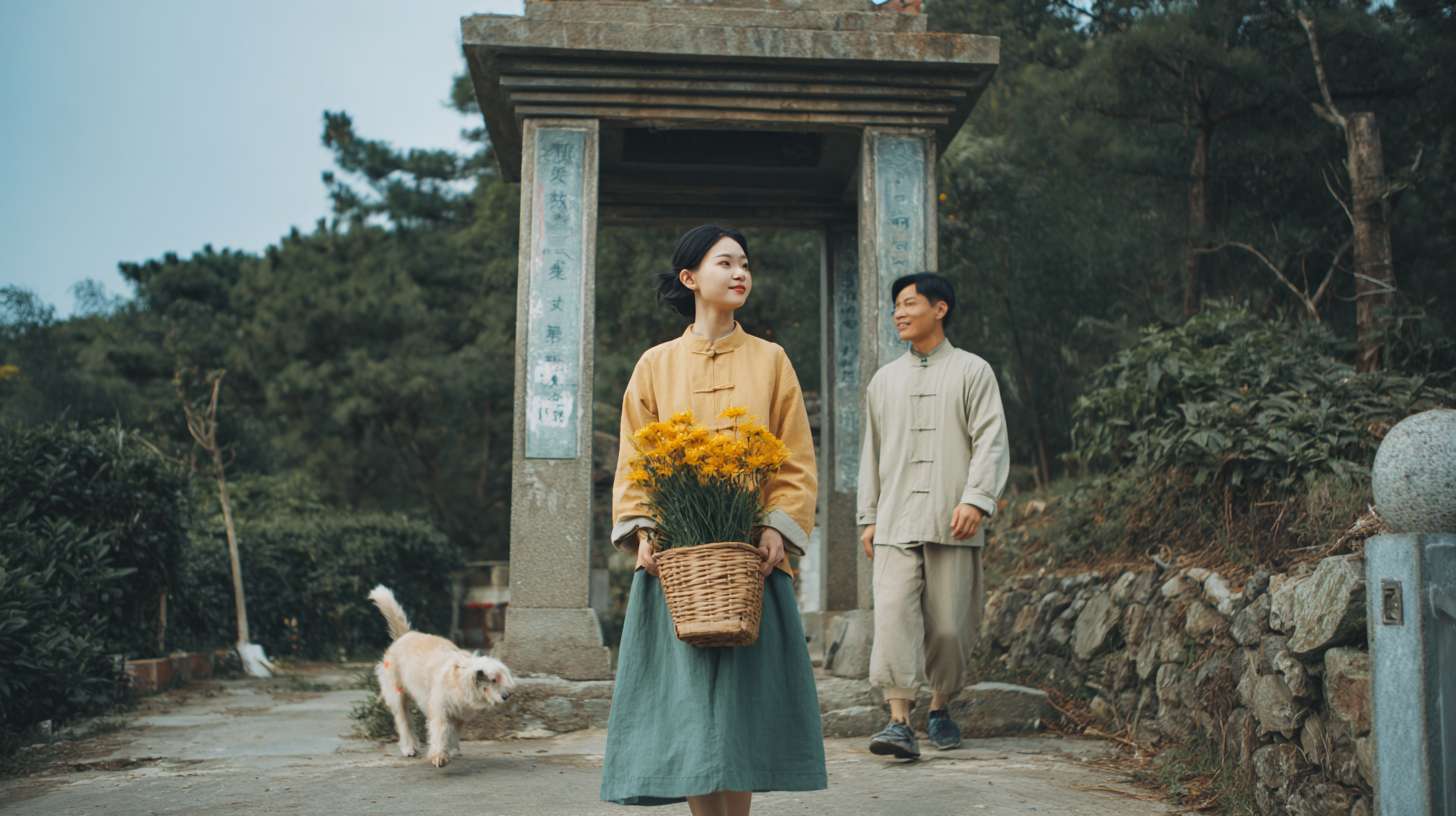 前景是一位女士和老公在亭子里摘菜，远处是小男孩和狗在互相追逐打闹 --ar 16:9 --v 7 --stylize 100 --fast --no 水印