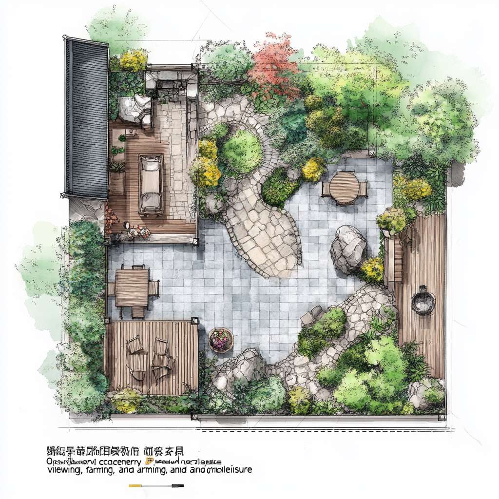 请根据以下描述生成一个建筑平面图。一、庭院功能分区与动线规划
1. 前院(迎宾景观区)
尺寸:4m×8m(靠近主入口)
核心元素:
中式门廊:悬挑1.5m宽灰瓦檐廊,地面铺青石板,设木质长凳供休憩。
曲径通幽:鹅卵石拼花小径(宽0.8m)蜿蜒至入口,两侧种植修水本地毛竹、蕨类。
水景点睛:利用小溪活水引入小型叠水景(宽1m×长2m),配石磨盘流水装置。
2. 侧院(实用功能区)
功能复合:
农具收纳:竹篱笆围合2m×3m工具间,顶部攀缘凌霄花遮阳。
晾晒区:防腐木平台(3m×3m),配可收放晾衣绳。
3. 后院(私密休闲区)
设计要点:
亲水平台:防腐木搭建挑台(4m×3m)延伸至溪边,设固定藤编桌椅。
生态菜园:阶梯式种植箱(1.2m高,方便老人操作),种植辣椒、薄荷等易打理作物。
夜景观赏:沿溪悬挂竹编灯笼,安装太阳能草坪灯(色温2700K暖光)。
二、中式美学细节设计
元素 实现方式 成本控制技巧
围墙 1.2m高青砖基座+上部竹格栅(间距15cm) 基座用本地红砖刷青灰漆,节省30%成本
地面铺装 60%青石板(主径)+30%砾石(排水带)+10%防腐木(平台) 砾石层下铺土工布防杂草
植物搭配 上层:桂花(香氛)+ 红枫(秋色)
中层:南天竹+芭蕉
下层:麦冬+矾根 选择2-3年生苗木,本地采购降低运费
小品装饰 旧石槽改荷花池、陶罐组合盆景、仿古拴马石 利用老物件再造景,文化感强且低成本
三、气候适应性设计
防潮排水
地面整体坡度3%向小溪方向倾斜,砾石排水沟沿建筑周边设置。
亲水平台底部架空10cm,采用菠萝格防腐木(耐湿性优于杉木)。
夏季遮阳
廊架顶部覆盖50%透光率的竹编遮阳板,搭配紫藤、葡萄等攀缘植物。
东西侧种植常绿女贞树篱(高2.5m),阻挡午后西晒。
冬季防风
北侧用木槿+珊瑚树混植绿篱(密度0.8m/株),降低冷风侵袭。
休息区设可拆卸透明防风帘(亚克力板+木框),冬季临时加装。
四、适老化安全设计
无障碍通行:所有通道宽度≥1m,无台阶设计,门槛高差<1cm。
防滑处理:青石板表面做荔枝面处理(摩擦系数≥0.6),木平台加防滑凹槽。
应急便利:
休憩区每10m设一键呼叫按钮(直连老人房报警器)。
夜间路径灯带嵌入地面(照度50-100lux),自动感应启动。
五、成本优化方案(预算3-5万元)
项目 推荐做法 单价参考
硬质铺装 本地青石板(60元/㎡)+ 砾石(30元/㎡) 1.2万元(约200㎡)
木作 菠萝格防腐木平台(350元/㎡) 1.5万元(40㎡)
绿化 本地苗木+自播草花 0.8万元(含土壤改良)
水景 小型循环水泵+旧石槽改造 0.3万元
照明 太阳能庭院灯+LED灯带 0.4万元
六、四季景观搭配建议
季节 观赏焦点 植物选择
春 入口紫藤花廊 紫藤、杜鹃、迎春
夏 荷池与芭蕉听雨 荷花、芭蕉、茉莉
秋 红枫与桂花香径 红枫、桂花、菊花
冬 竹石景观与常绿树 毛竹、南天竹、茶梅
七、施工注意事项
管线预埋:庭院照明线路穿PVC管埋深≥40cm,预留智能灌溉接口。
植被养护:芭蕉、竹子等根系发达植物需距建筑基础≥2m。
生态保护:溪边保留1m原生植被缓冲带,防止水土流失。
效果示意:
日景:白墙黛瓦掩映竹影,青石小径蜿蜒至溪边,木平台上老人闲坐品茶。
夜景:竹灯笼暖光映照水面,麦冬草间的萤火虫灯星星点点,宛如水墨画卷。
通过功能复合、在地材料利用和精细化适老设计,可在有限预算内实现“观景、务农、休闲”三合一的舒适庭院。 --ar 1:1 --v 6.1 --stylize 100 --fast