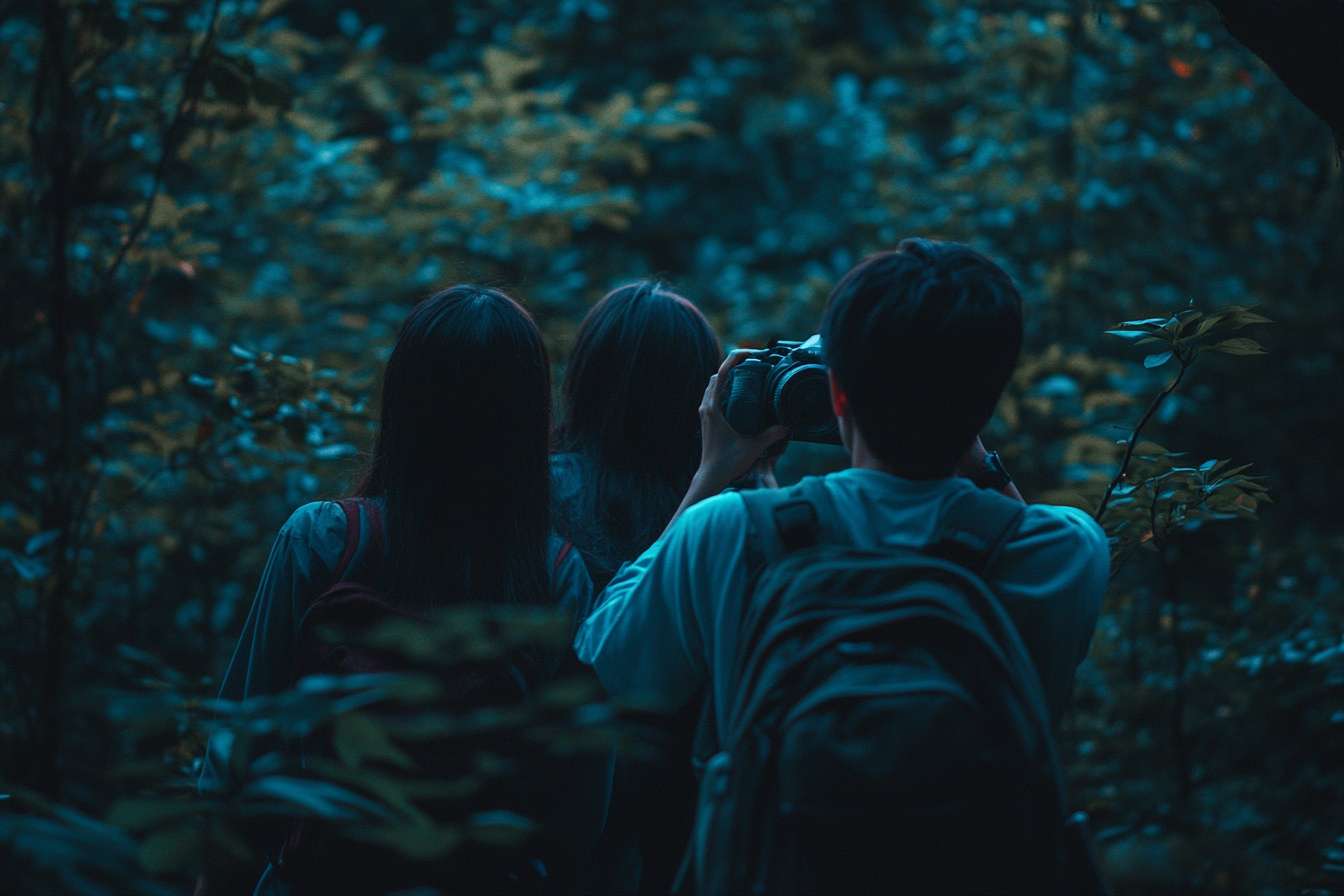 做一張亞洲青年人晚上在森林中探索大自然的遠境相片，可以只見到側面或背面 --ar 3:2 --v 6.1 --stylize 100 --fast