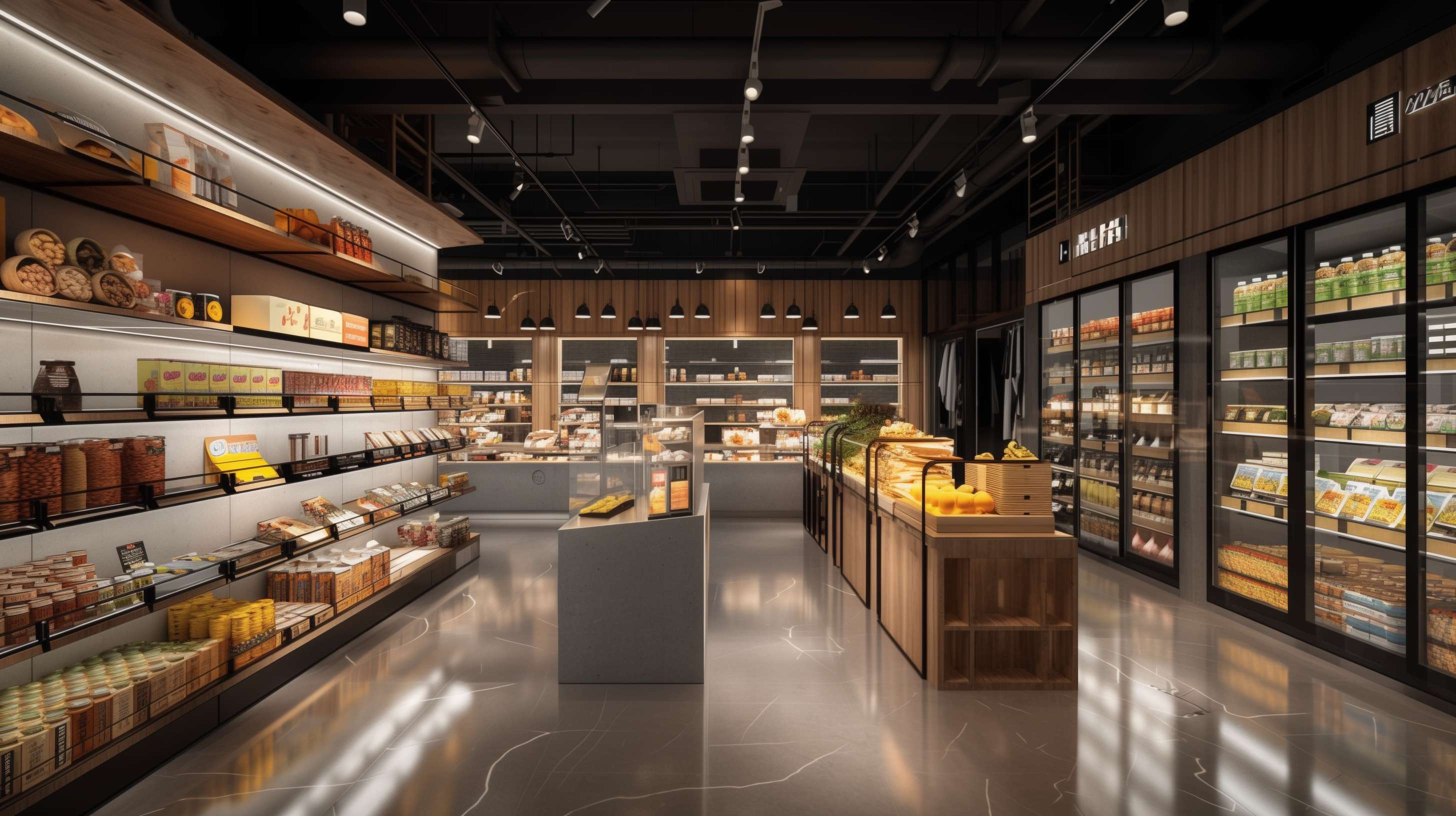A 315m² minimalist concept convenience store, featuring single-unit product displays like an art gallery. Four lifestyle zones: 1) Breakfast zone with wooden tiered shelves displaying cereal boxes, milk bottles, and fruit bowls under warm lighting 2) Main meal area with modular concrete displays showing bento boxes, pasta packs and canned goods on geometric platforms 3) Leisure snack section with floating acrylic shelves holding chip bags and chocolate bars, backlit with soft LEDs 4) Beverage gallery with glass refrigerated columns showcasing drinks in suspended formation. Central tasting island with sample stations. Polished epoxy floor reflecting ceiling track lights, floor-to-ceiling glass storefront. Scandinavian wood accents, monochrome signage. --ar 16:9 --v 6.0 --style raw --stylize 100 --fast