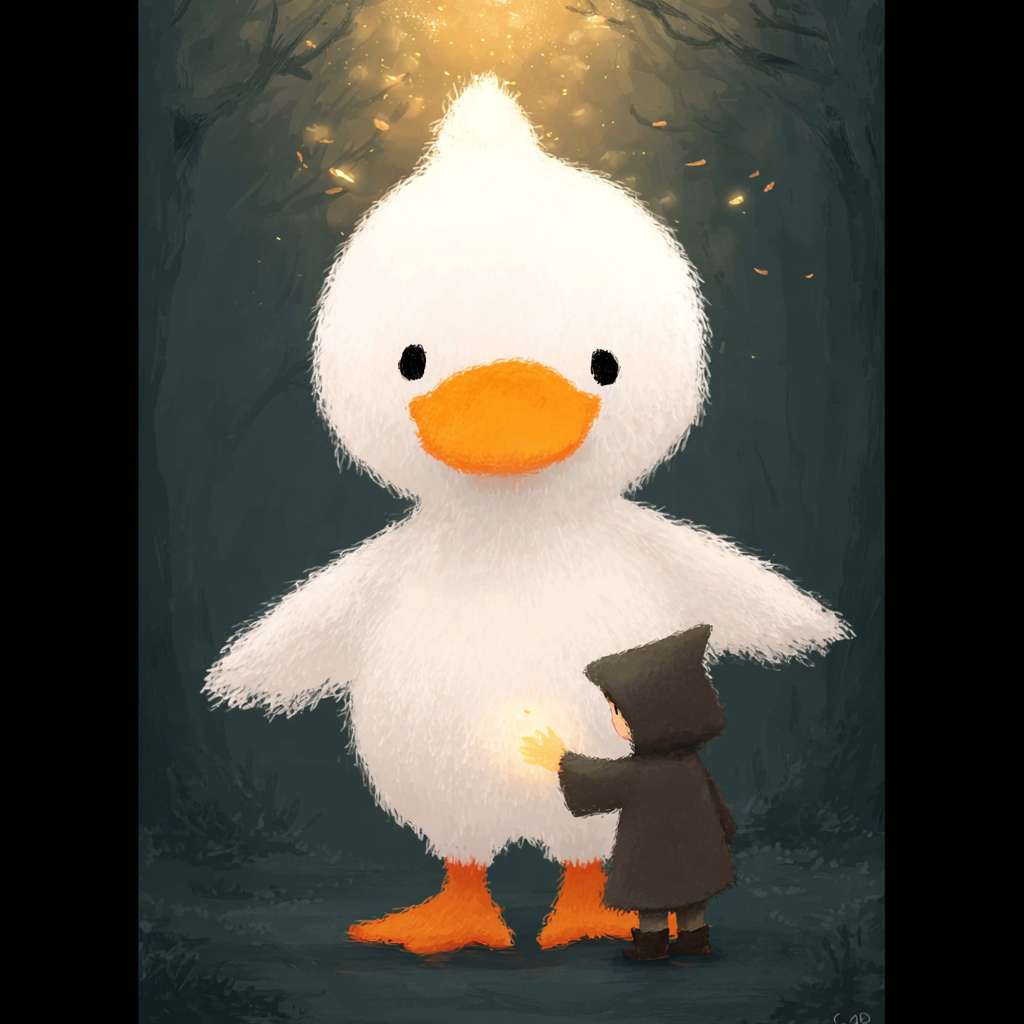 https://img-xpc-mj0.xpccdn.com/prod/upload/6142d541-9b9c-4c57-8e6b-ad78daa441dd/ME1753784848498.png~tplv-5yakomv5zn-auto-v1%3A1024%3A0%3Aq75.jpg 请使用插画风格。在森林深处有一只小白鹅和一个少年，他们面对面站着，小鹅伸出翅膀，少年伸出小手，翅膀和小手相碰。少年穿着全年的斗篷，斗篷的帽子很大，把脸都遮住了。森林上方打下一束柔和的光，光里漂浮着亮晶晶的孢子。 --ar 1:1 --v 7 --stylize 100 --fast --iw 1 --no 水印