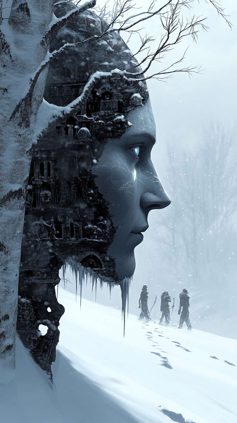 雪地白桦林纵深构图，暮年男子侧脸霜鬓特写，貂皮领冰棱反光，结冰酒壶折射虹彩。枯枝悬垂残破萨满面具，雪痕足迹指向远山墓群虚影，薄雾中浮现年轻盗墓队轮廓，漫画风格铅笔肌理 --ar 9:16 --v 6.1 --stylize 100 --fast