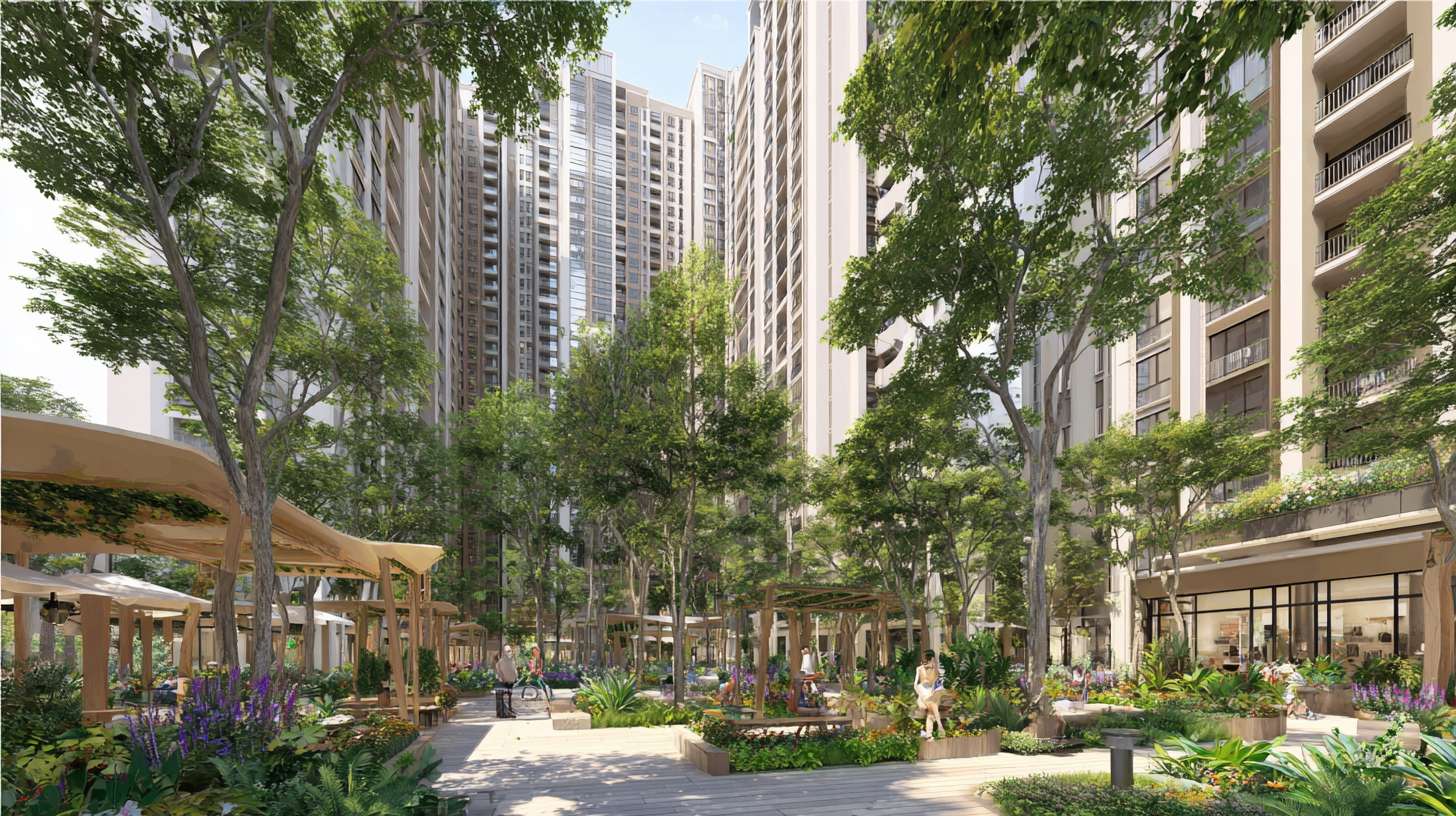 小区内的绿荫市民在树下休憩。新小区近景 --ar 16:9 --v 7 --stylize 100 --fast --no 水印