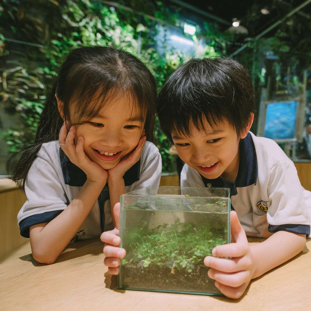 有2位穿著校服的華人小學生開心的表情雙手托起一個螢火蟲的正方體透明小盒子，盒子內的螢火蟲在青苔上發光 --ar 1:1 --v 7 --stylize 100 --fast --no 水印