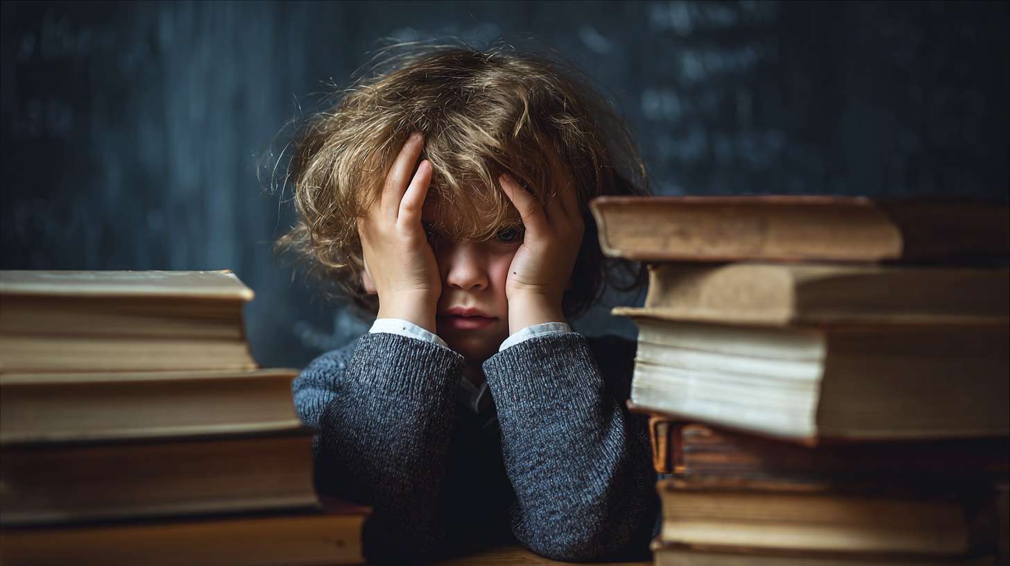 一个在课上的学生，用立着的书挡住自己的脸 --ar 16:9 --v 7 --stylize 100 --fast --no 水印