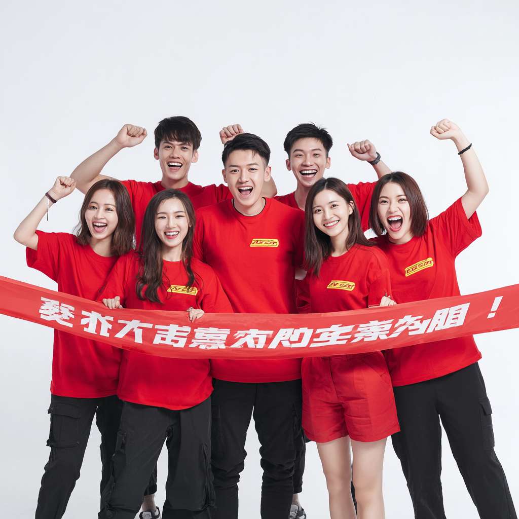 人物：8名不同性别、体型的年轻人（身着红色短袖，每个人的衣服上有一个字，依次写着：途虎养车正品低价），并肩站成一排，手臂高举共同拉开一条宽横幅。露出胸前的字和横幅上的字

横幅：红色背景，白色粗体大字：“没进八强又怎样？敢打敢拼就是王！”（横幅可略有弧度，体现动态感）。

表情与动作：人物笑容灿烂、充满活力，部分可做握拳、欢呼等鼓舞姿势，突出“拼搏”氛围。

背景：白底即可

风格：卡通插画或写实摄影风格，色彩鲜明对比度高。 --ar 1:1 --v 7 --stylize 100 --fast --no 水印