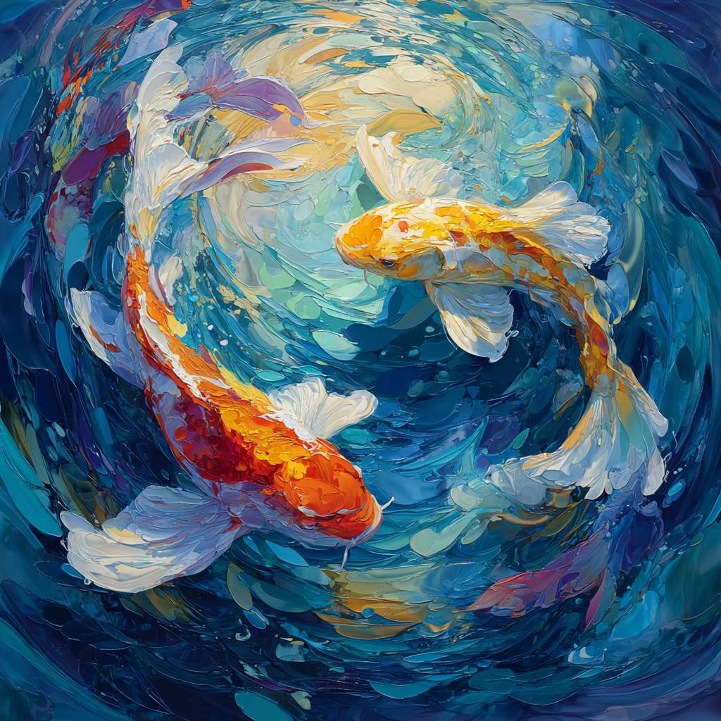 Dynamic blue sea interlaced with 五彩光影，koi gliding through swirling water, brushwork blending abstraction and realism, abstract oil. --ar 1:1 --v 7 --stylize 100 --fast --no 水印