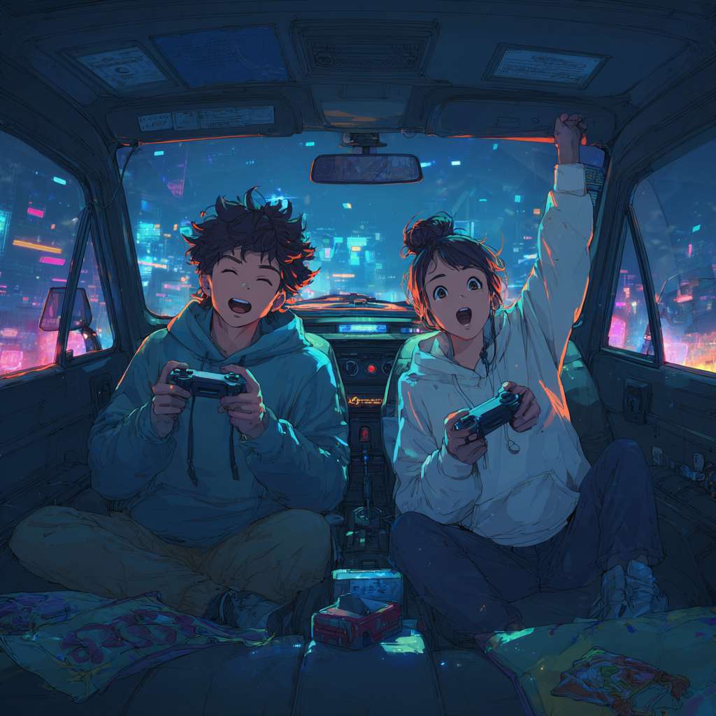 环境:夜晚的车内空间,天窗/顶棚变为悬浮的透明OLED屏幕,散发着幽蓝的科技光晕
人物:
左侧穿连帽卫衣的卷发少年,紧张地咬着下唇猛按手柄
右侧扎高马尾的少女突然高举游戏手柄欢呼,橙红发丝掠过邻座脸颊
细节:
顶棚屏幕显示着像素风游戏《星海巡航者》的BOSS战画面
前后座椅间隙散落着彩虹糖包装纸和发光数据线
车窗映出远处城市霓虹,与车内27个浮动在空中的游戏成就光标形成双重星空
氛围:手柄按键泛起涟漪状光波,车载香薰吐出全息粒子,整个空间如同沉浸式游戏舱 --ar 1:1 --v 7 --stylize 100 --fast --no 水印