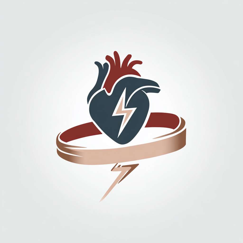 请帮我设计一个参加大学生创新大赛使用的logo，主题是运动锻炼促进心脏健康。里面要有肌肉和心脏，以抽象心脏轮廓为主体，外围包裹一条流畅的古铜色肌肉带（简化如缎带），心脏中心嵌入一道白色闪电符号⚡️，象征运动激活心动力。配色仅用三色：#D14343（心红）、#C4A86F（肌铜）、#FFFFFF（闪电白）。整体线条圆润无棱角，传递「肌肉守护心脏」的核心理念。 --ar 1:1 --v 7 --stylize 100 --fast --no 水印