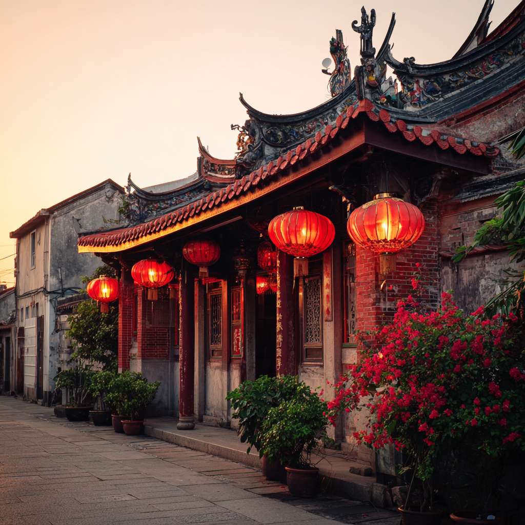 庙宇别太高，厦门古厝红屋顶，路边景观再漂亮一点，增加些莲花灯 --ar 1:1 --v 7 --stylize 100 --fast --no 水印