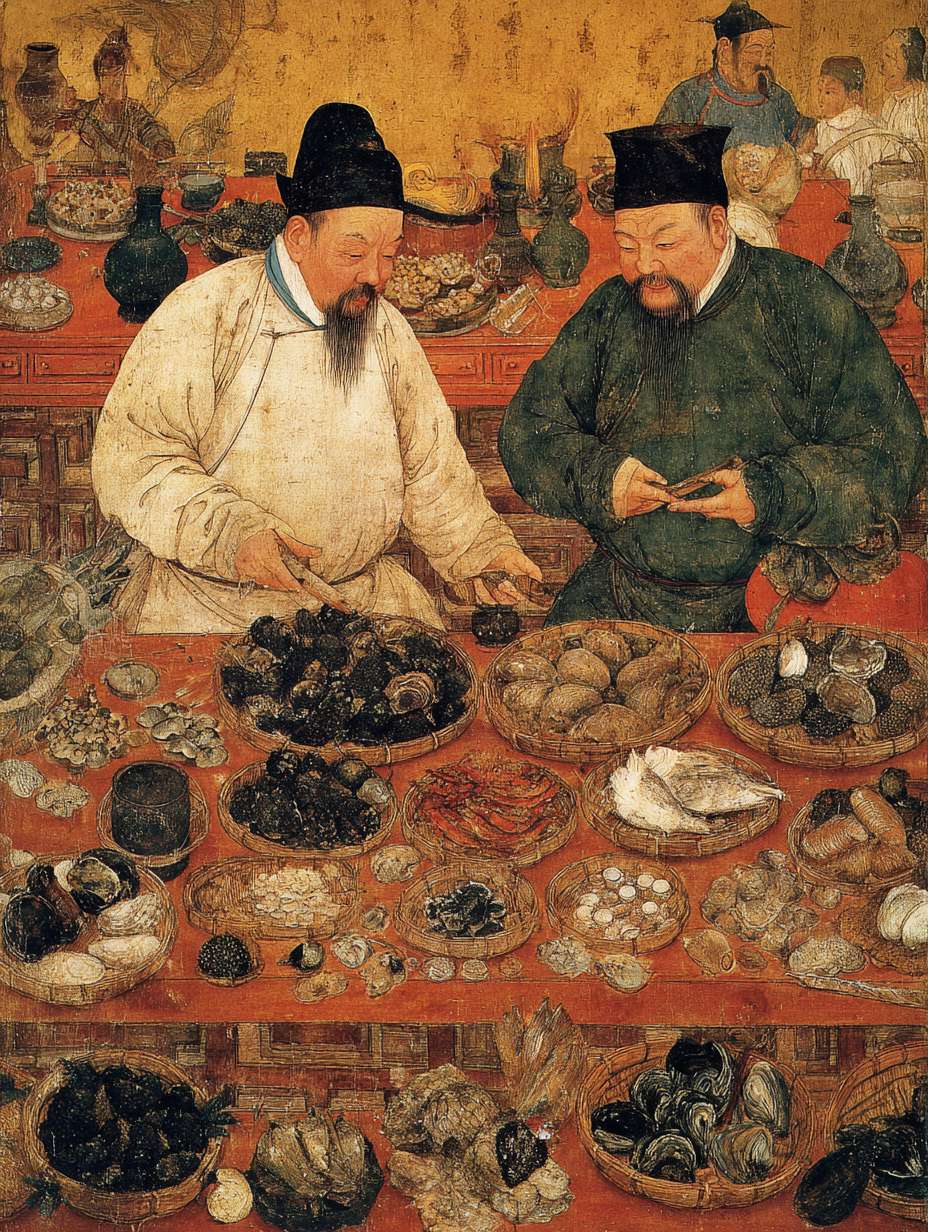 宋代高级食材市场场景，珍贵食材如鲍鱼、海参、燕窝等，厨师与供应商讨价还价，精致的宋代秤具和货币，市场繁华背景，暖金色调 --ar 3:4 --v 7 --stylize 100 --fast --no 水印
