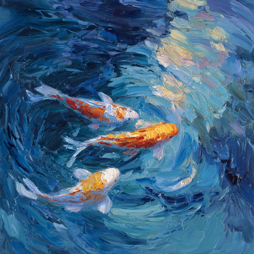 Dreamlike blue water with rippling light in rainbow tones, koi fish gliding with sinuous grace, expressive strokes capturing motion and light, abstract. --ar 1:1 --v 7 --stylize 100 --fast