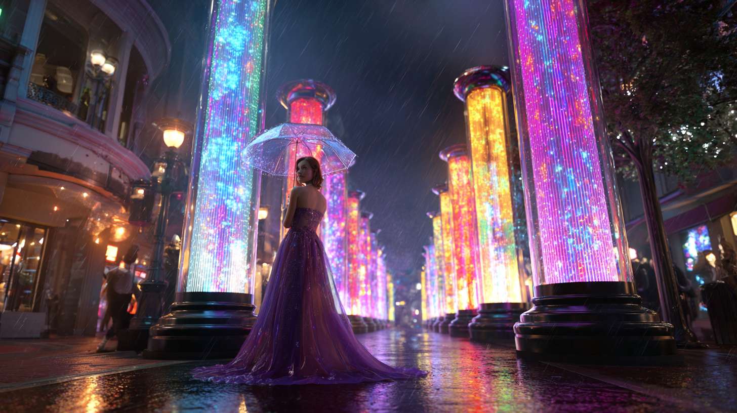 现代3D动画风格，在洛杉矶街道上的灯柱上，当时那里正下着毛毛雨。霓虹灯照在潮湿的柏油路上，一个金发女人穿着华丽的紫色长裙站在前方不远处打着伞正对着看着镜头 --ar 16:9 --v 7 --stylize 100 --fast --no 水印