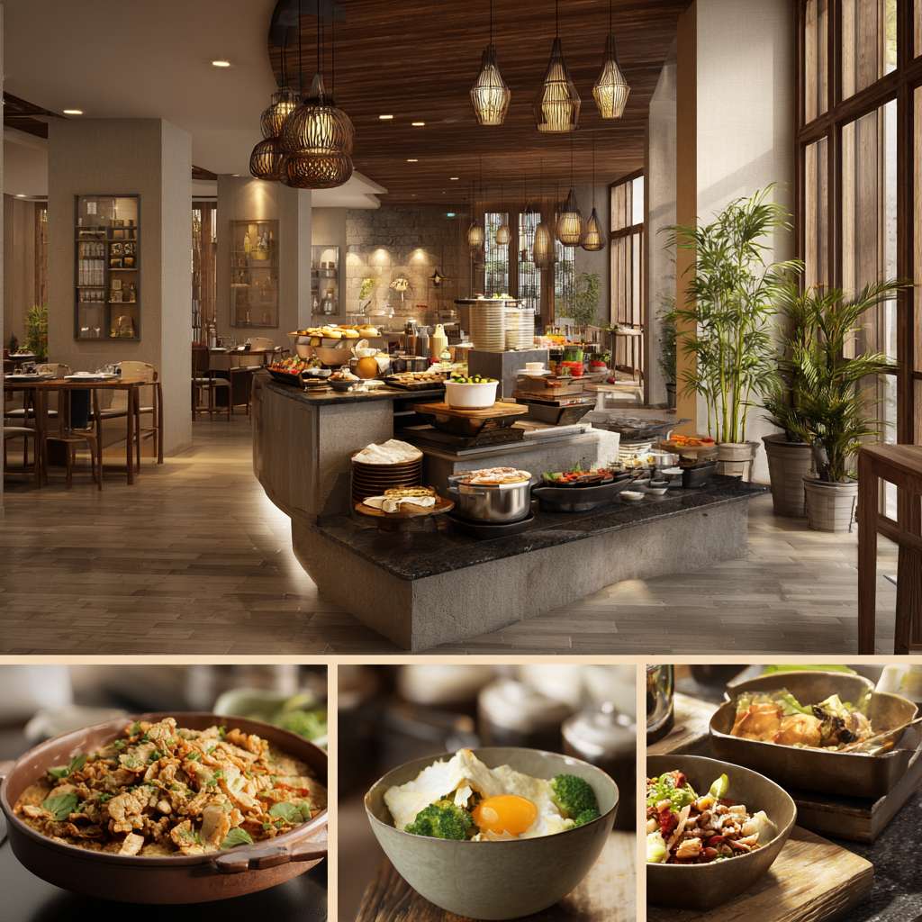 帮我做五张酒店餐厅早餐宣传照片 --ar 1:1 --v 7 --stylize 100 --fast --no 水印