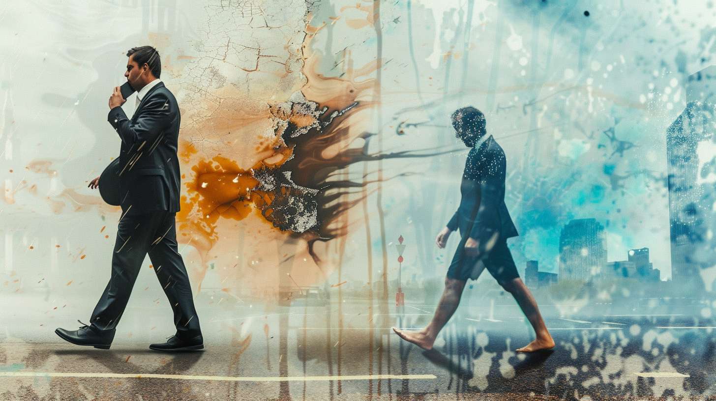 Split image: left side shows frantic businessman walking on phone, right side shows calm barefoot walker, blurred boundary between, no text, social commentary art --ar 16:9 --v 6 --stylize 100 --fast