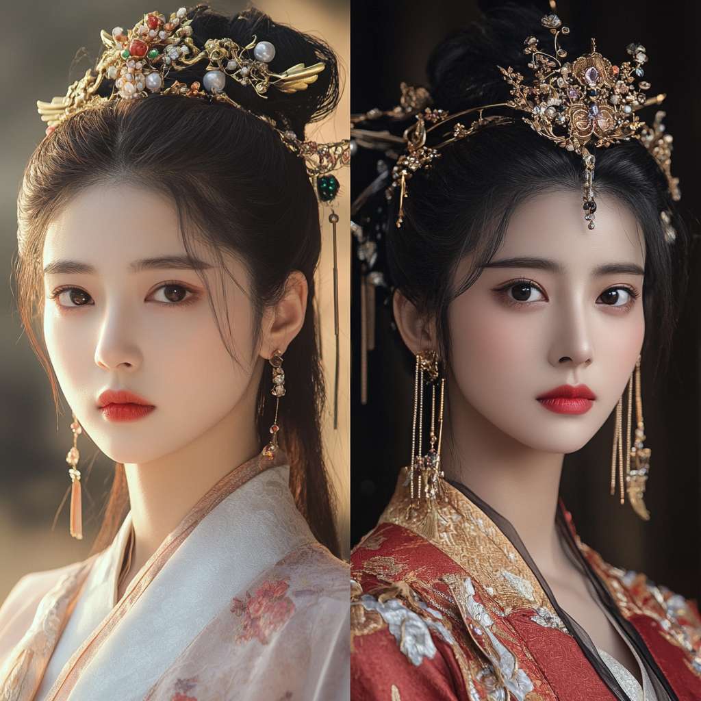 甄嬛前后对比（左：初入宫时素衣淡妆 / 右：封后时华服红唇，眼神凌厉）要真人的 --ar 1:1 --v 6.1 --stylize 100 --fast