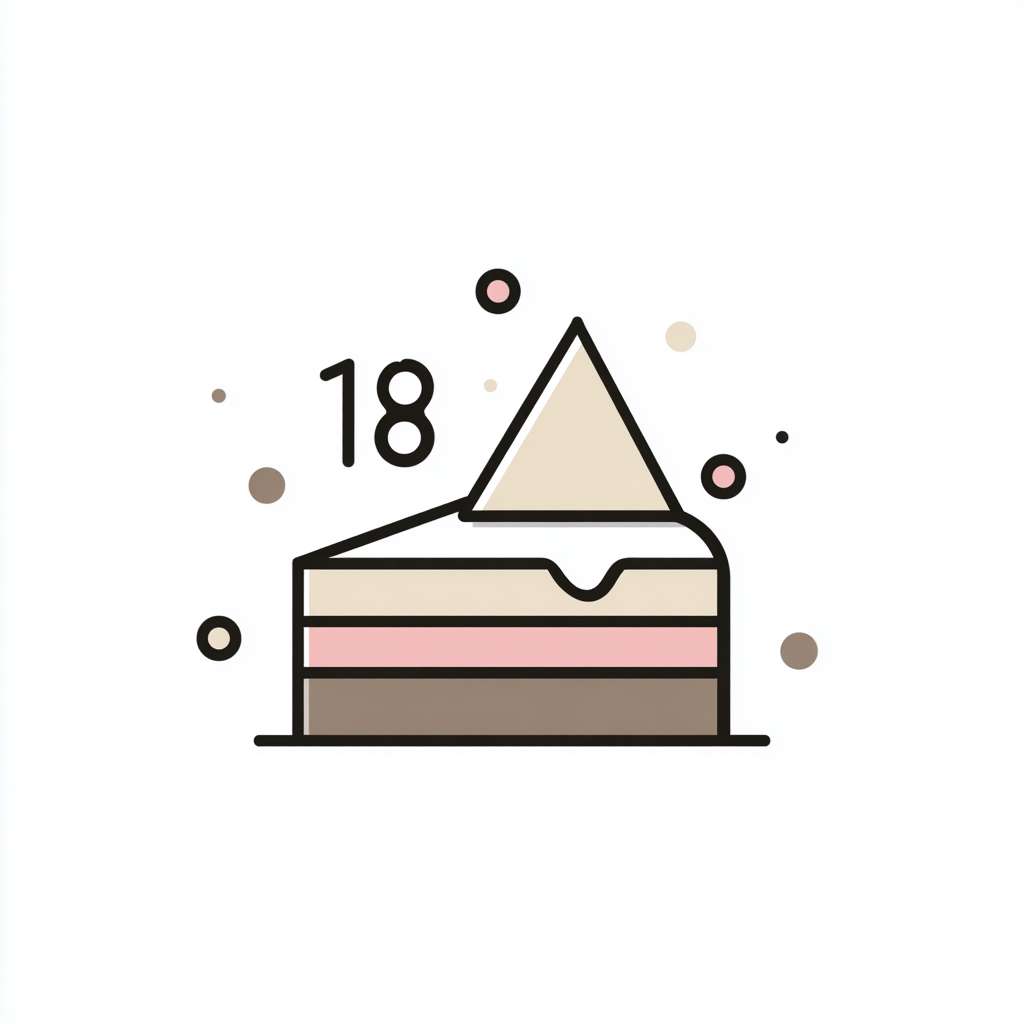 Modern flat vector logo of a simple cream cake with a line-art triangle on top. Surrounded by a few floating numbers (like 18, 100). Color palette: cream, dusty pink, dark brown, and light grey. Clean, isolated on white. --ar 1:1 --v 7 --stylize 100 --fast