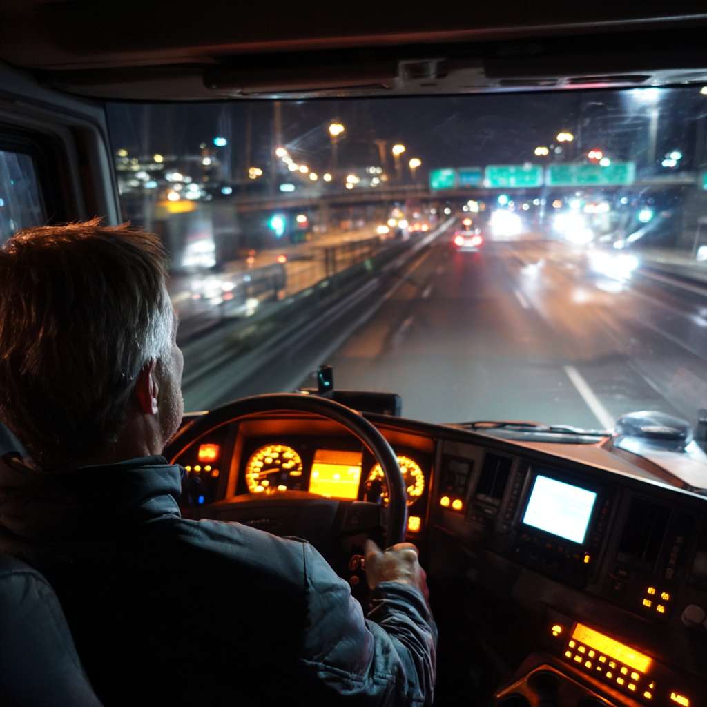大货车，夜间形式，驾驶舱内，高中生短发和开车的司机40岁，抽着烟 --ar 1:1 --v 7 --stylize 100 --fast --no 水印