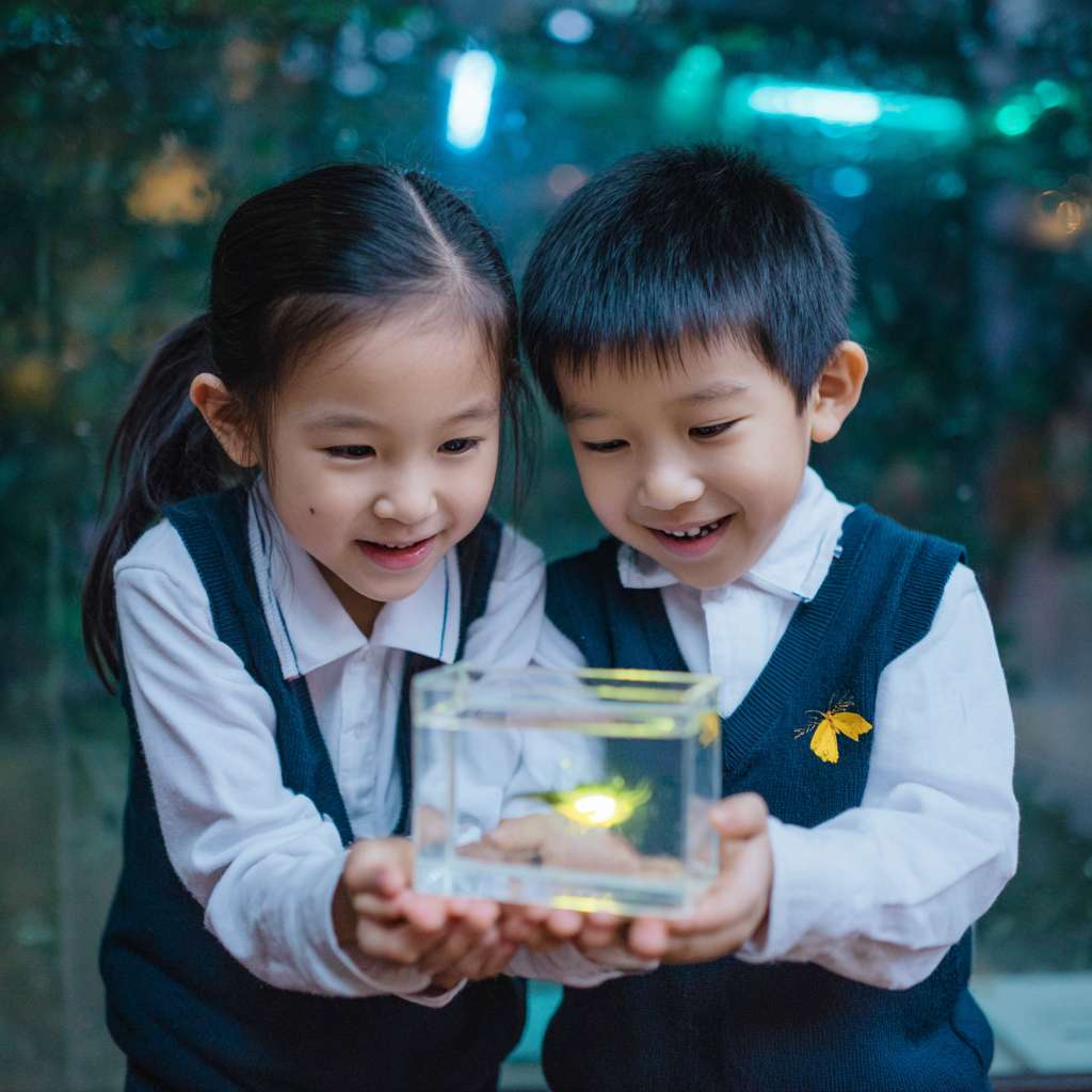 有2位穿著校服的華人小學生開心的表情雙手托起一個螢火蟲的正方體透明小盒子，盒子內的螢火蟲在發光 --ar 1:1 --v 7 --stylize 100 --fast --no 水印