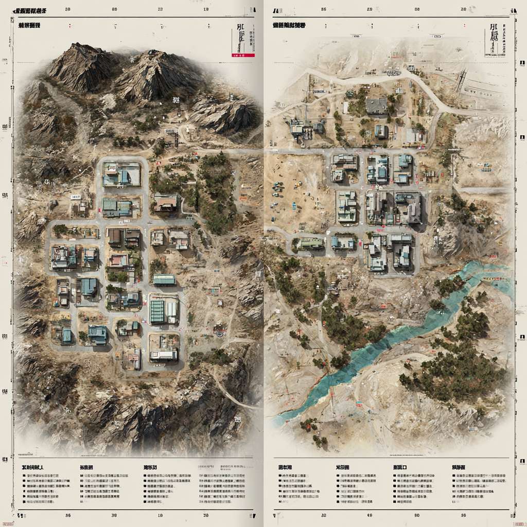 【基础设定升级】
地图范围：从 “梧桐镇核心区” 扩展为 “梧桐镇全域 + 周边卫星区域”（约 20km²），包含 5 大功能区 + 3 个自然屏障，增加探索空间。
比例尺：1:5000（即地图上 1cm = 实际 50 米），可清晰标注单栋建筑、街道细节。
呈现形式：双页对折式地图（左页人类态，右页怪物态），中间加 “融合期过渡示意图”，边缘附势力图例和关键事件标注。 --ar 1:1 --v 7 --stylize 100 --fast --no 水印